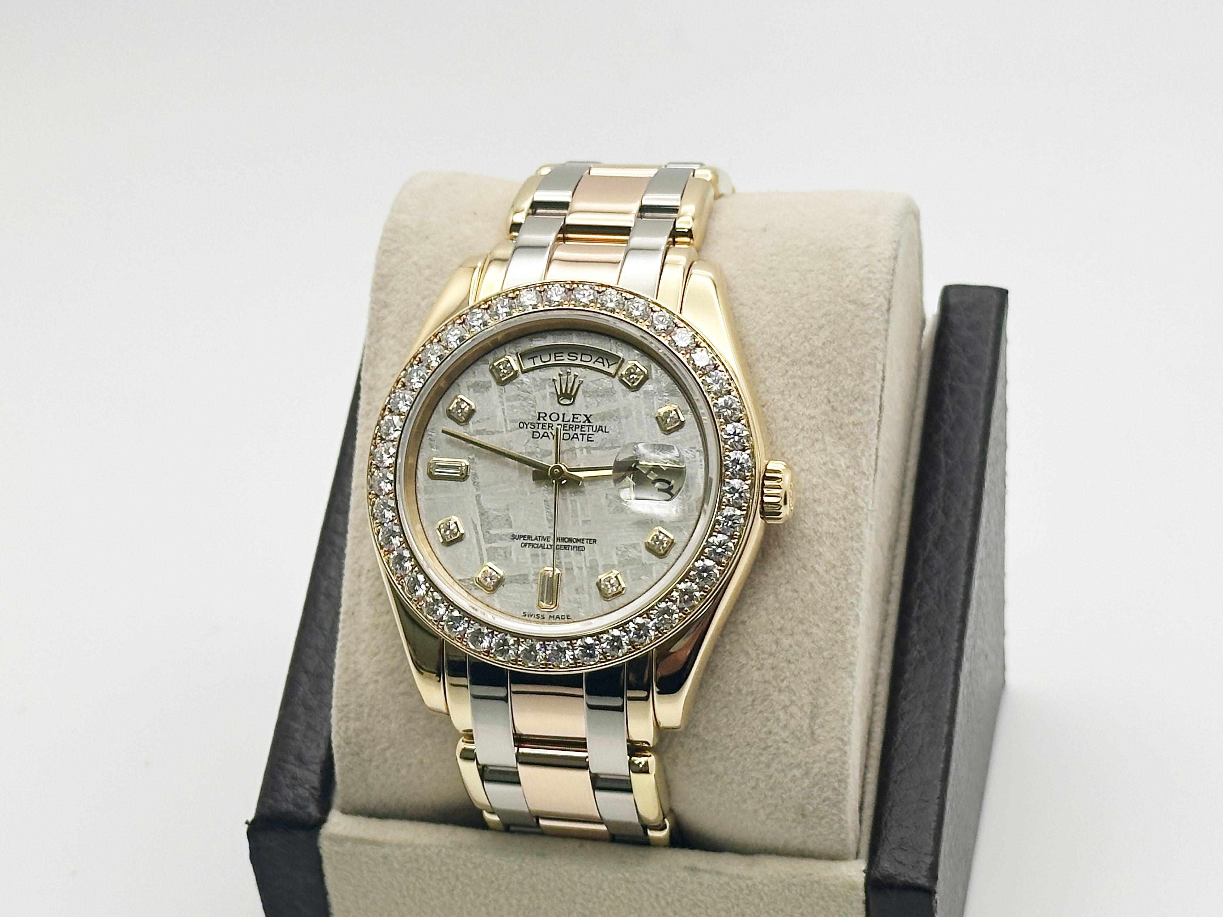 Uomo Rolex Tridor Masterpiece 18948 Meteorite Diamond Dial Bezel 18K Gold Box Paper in vendita