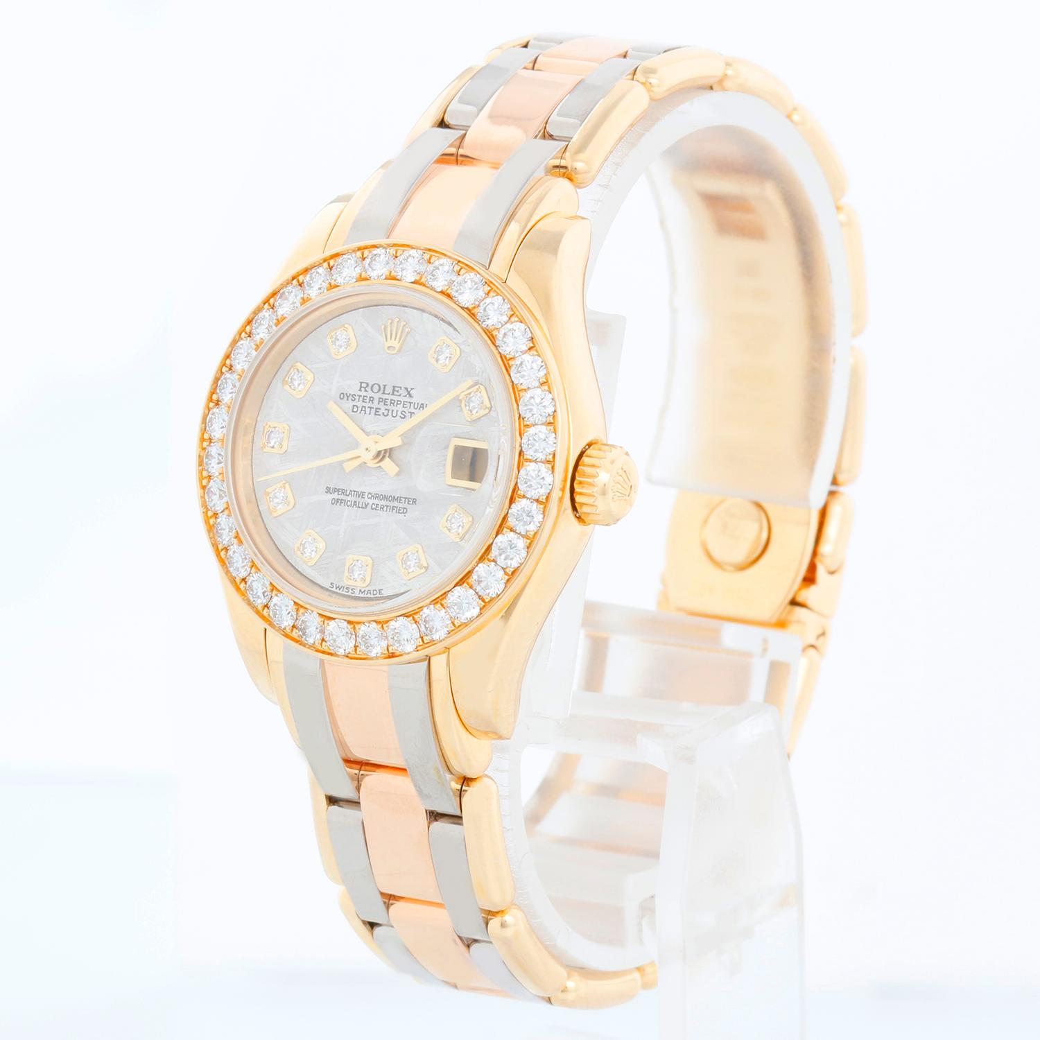 Rolex Tridor Pearlmaster Ladies Watch 80298 - Automatic. 18k yellow gold case with factory diamond bezel ( 29 mm ). Genuine Rolex Meteorite diamond dial. 18k yellow gold Rolex Tridor Pearlmaster bracelet with 2 rows of 18k white gold links and a