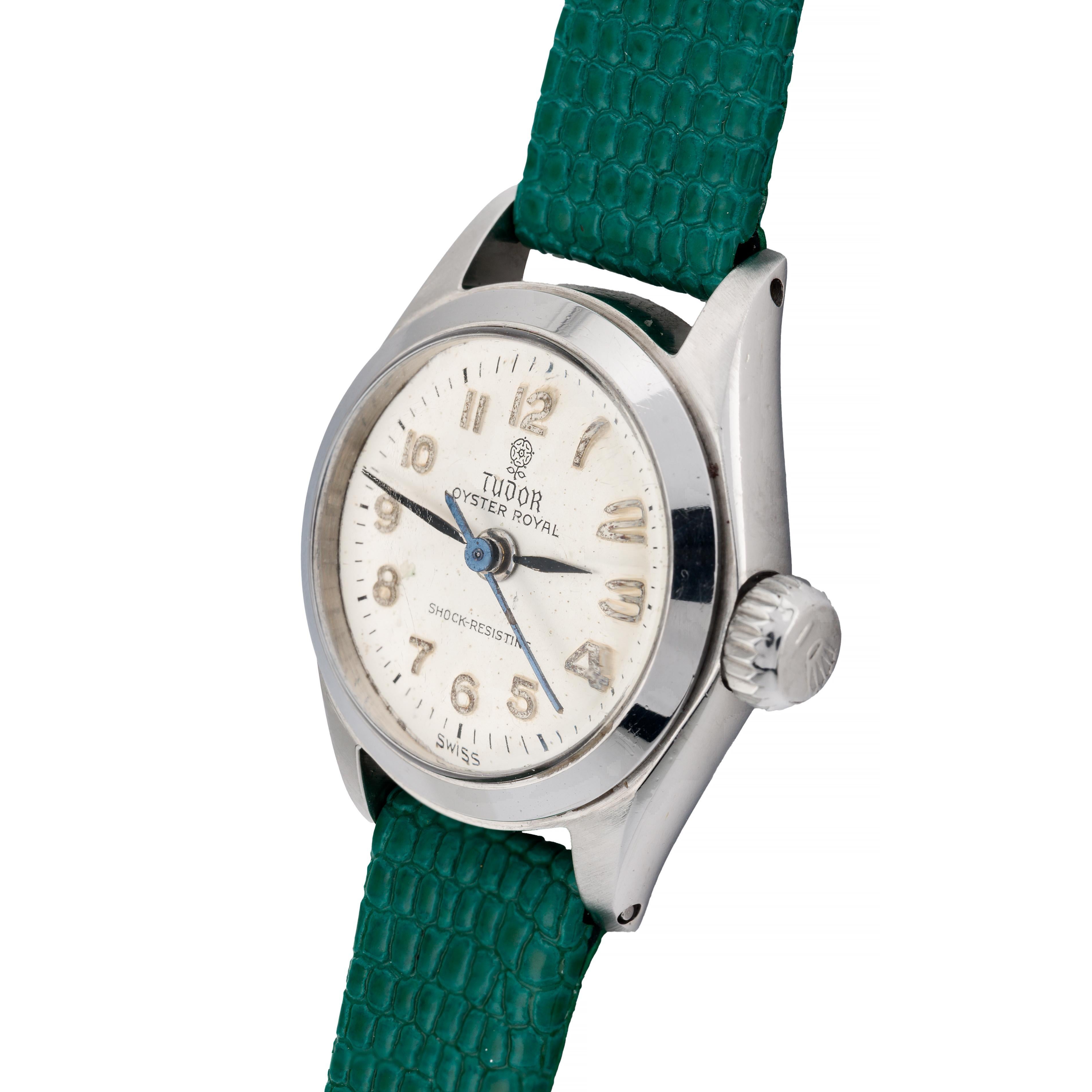 Retro Rolex Tudor Vintage Stainless Steel Ladies Wrist Watch on Green Lizard Strap