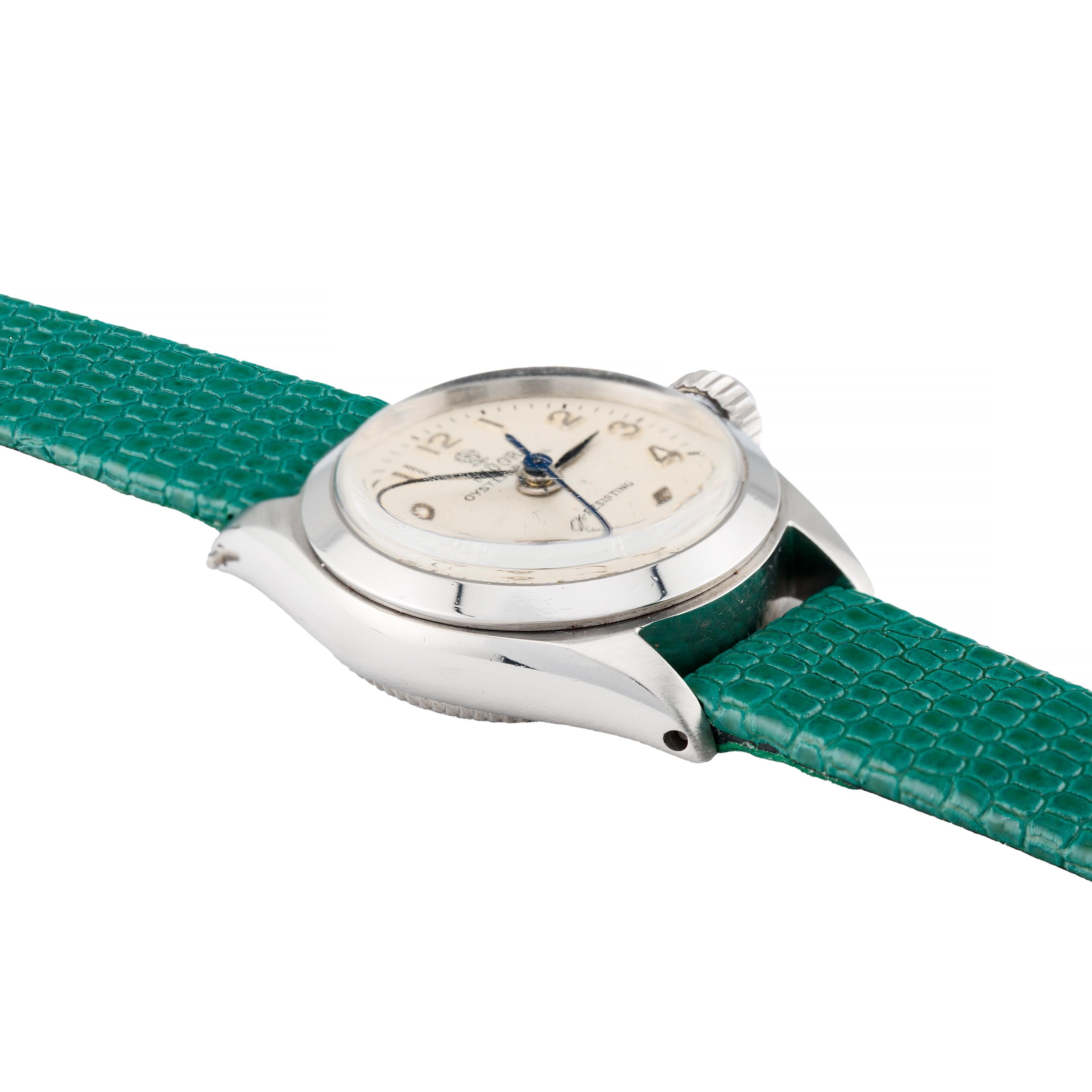 Rolex Tudor Vintage Stainless Steel Ladies Wrist Watch on Green Lizard Strap In Excellent Condition In Boston, MA