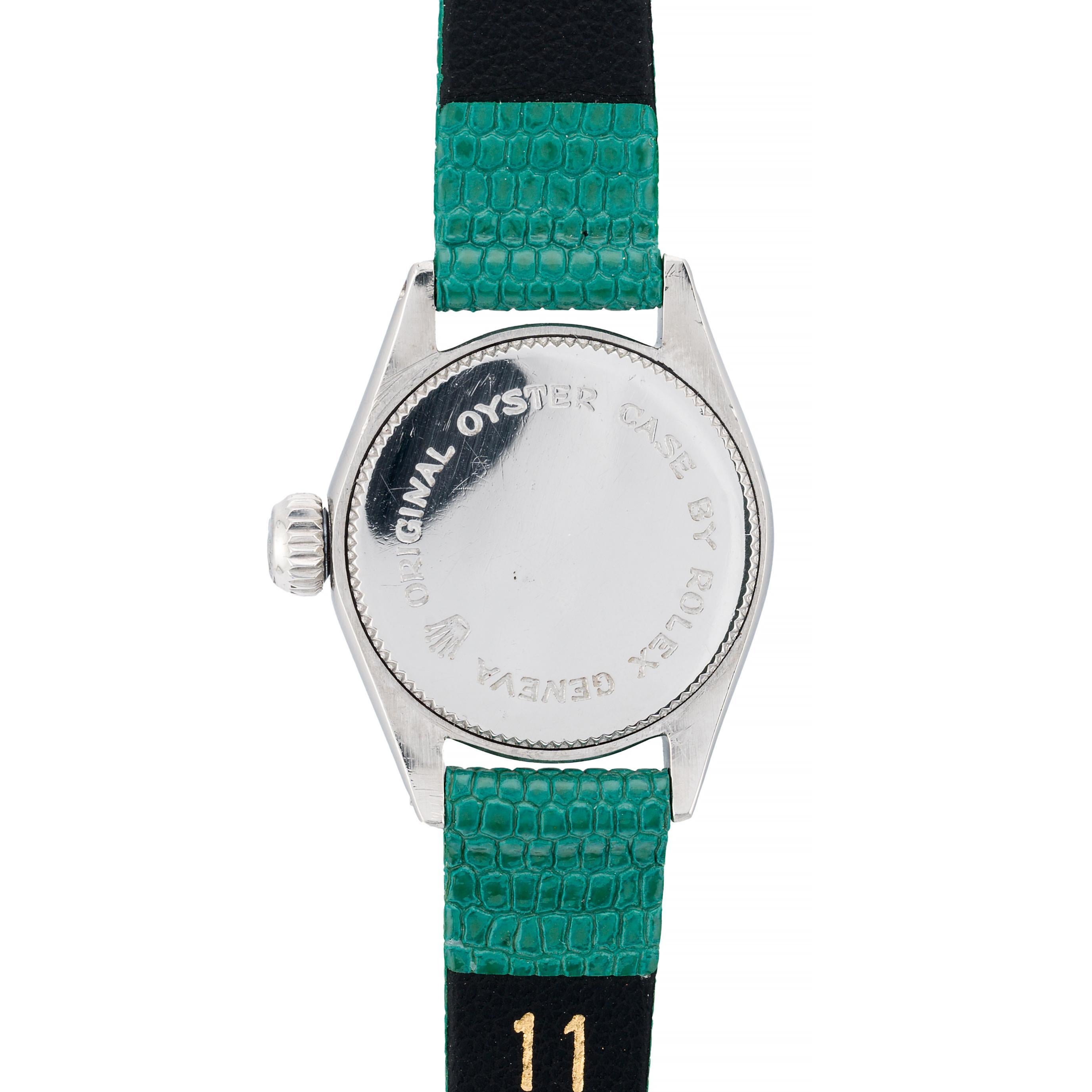Women's Rolex Tudor Vintage Stainless Steel Ladies Wrist Watch on Green Lizard Strap