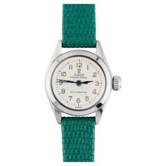 Rolex Tudor Vintage Stainless Steel Ladies Wrist Watch on Green Lizard Strap