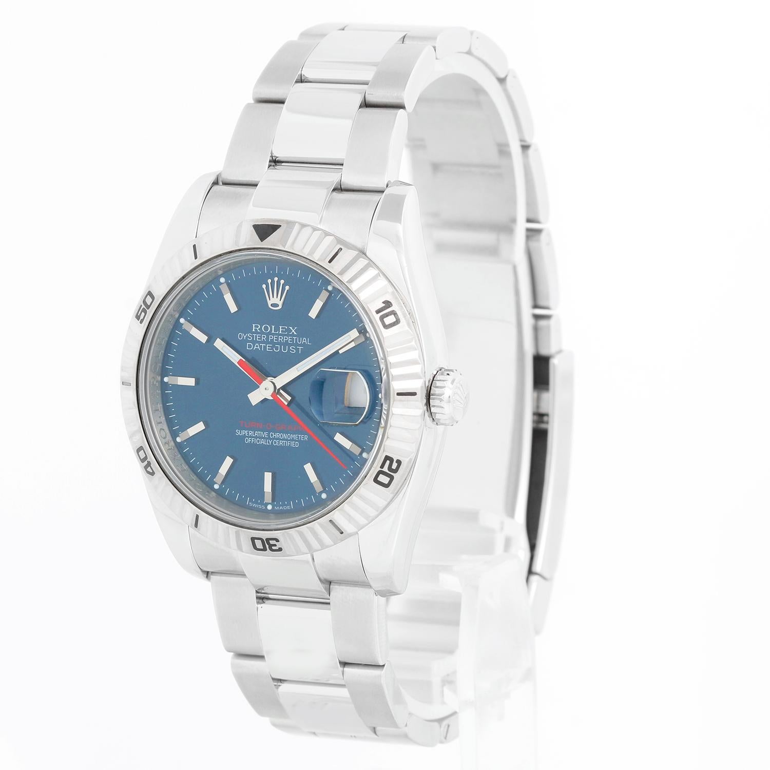 Rolex Turnograph Datejust Men's Stainless Steel Watch 116264 - Automatic winding, 31 jewel, sapphire crystal. Stainless steel case with 18k white gold Thunderbird bezel . Blue  dial with stick markers; red date and second hand. Stainless steel