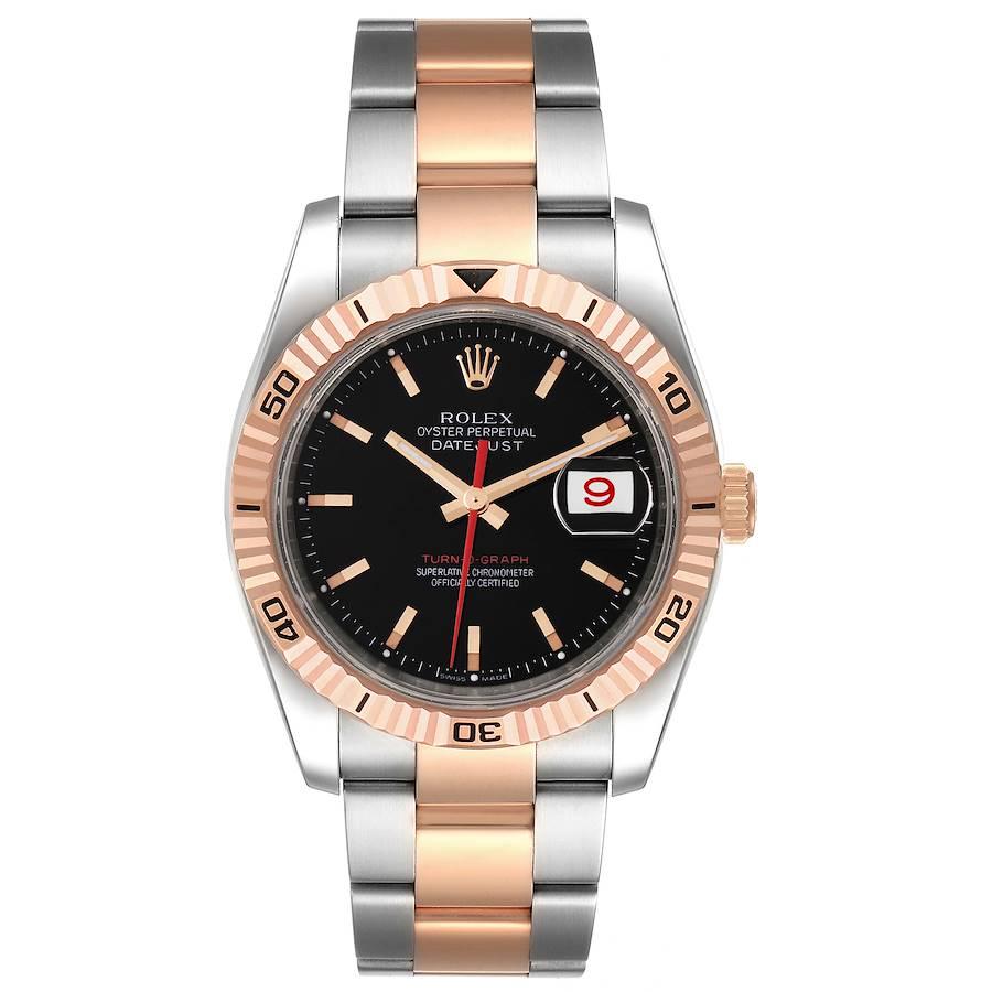 Rolex Turnograph Datejust Rose Gold Schwarzes Zifferblatt Herrenuhr 116261 Box Papiere. Offiziell zertifiziertes Chronometerwerk mit automatischem Aufzug. Gehäuse aus Edelstahl mit einem Durchmesser von 36.0 mm. Rolex Logo auf einer Krone.