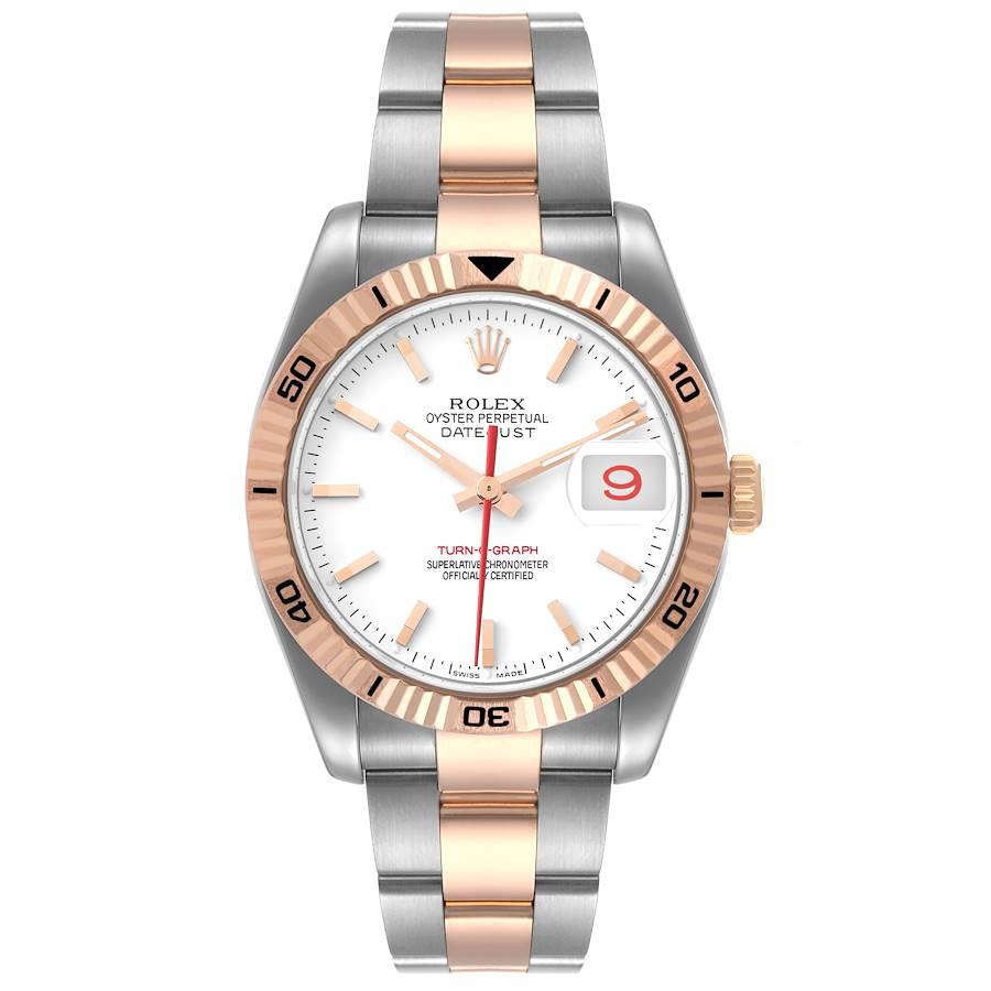 Rolex Turnograph Datejust Steel 18K Rose Gold Mens Watch 116261 Box Papers. Officially certified chronometer self-winding movement with quickset date function. Stainless steel case 36 mm in diameter. Rolex logo on a crown. 18k rose gold fluted