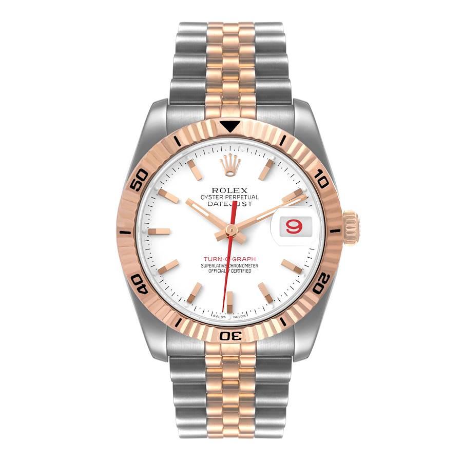 Rolex Turnograph Datejust Steel 18K Rose Gold Mens Watch 116261. Officially certified chronometer self-winding movement with quickset date function. Stainless steel case 36 mm in diameter. Rolex logo on a crown. 18k rose gold fluted bidirectional