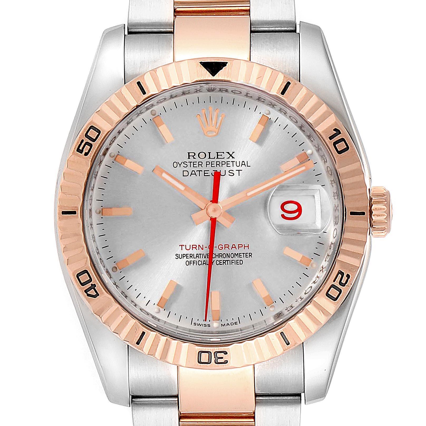 Rolex Turnograph Datejust Steel EveRose Gold Watch 116261 Box Papers. Officially certified chronometer automatic self-winding movement. Stainless steel case 36 mm in diameter. Rolex logo on a crown. 18k rose gold fluted bidirectional rotating