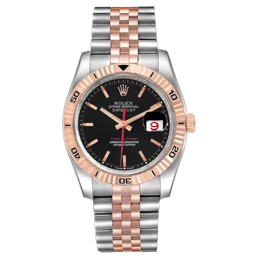 Rolex Turnograph Datejust Steel Rose Gold Black Dial Mens Watch 116261. Officially certified chronometer self-winding movement. Stainless steel case 36.0 mm in diameter. Rolex logo on a crown. 18k rose gold fluted bidirectional rotating turnograph
