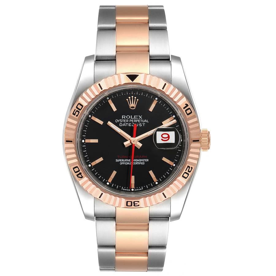 Rolex Turnograph Datejust Steel Rose Gold Black Dial Mens Watch 116261. Officially certified chronometer self-winding movement. Stainless steel case 36.0 mm in diameter. Rolex logo on a crown. 18k rose gold fluted bidirectional rotating turnograph