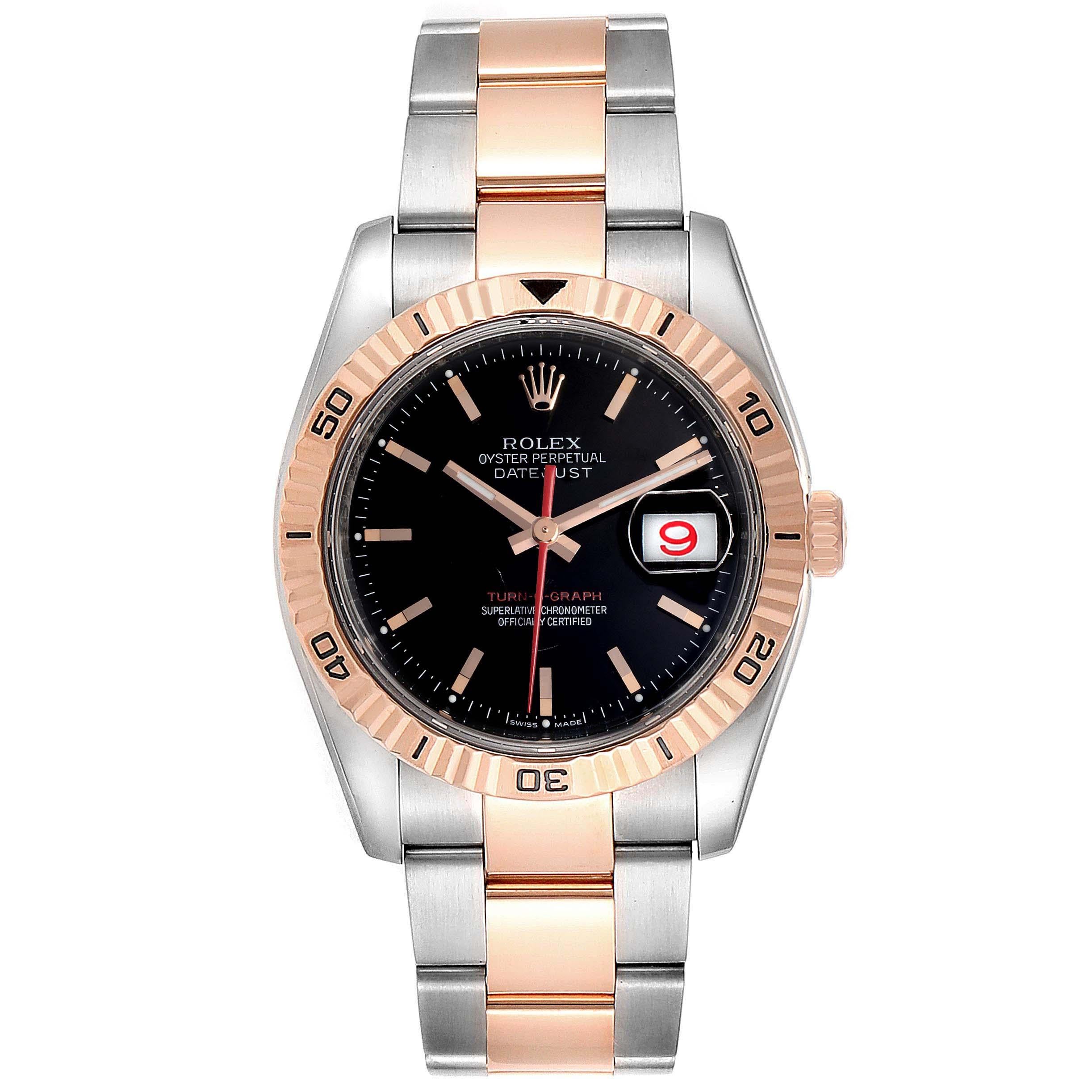 Rolex Turnograph Datejust Steel Rose Gold Mens Watch 116261 Box Papers. Officially certified chronometer self-winding movement. Stainless steel case 36.0 mm in diameter. Rolex logo on a crown. 18k rose gold fluted bidirectional rotating turnograph
