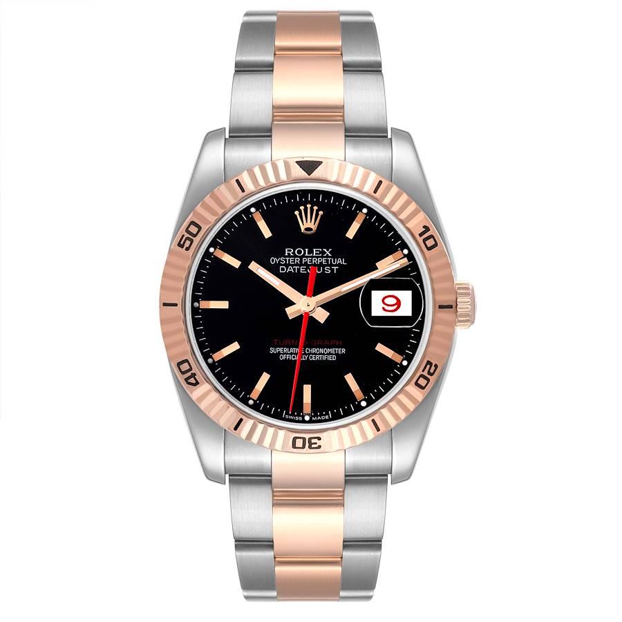 Rolex Turnograph Datejust Stahl Rose Gold Herrenuhr 116261 Box Papiere. Offiziell zertifiziertes Chronometerwerk mit automatischem Aufzug. Gehäuse aus Edelstahl mit einem Durchmesser von 36,0 mm. Rolex Logo auf der Krone. Geriffelte bidirektionale