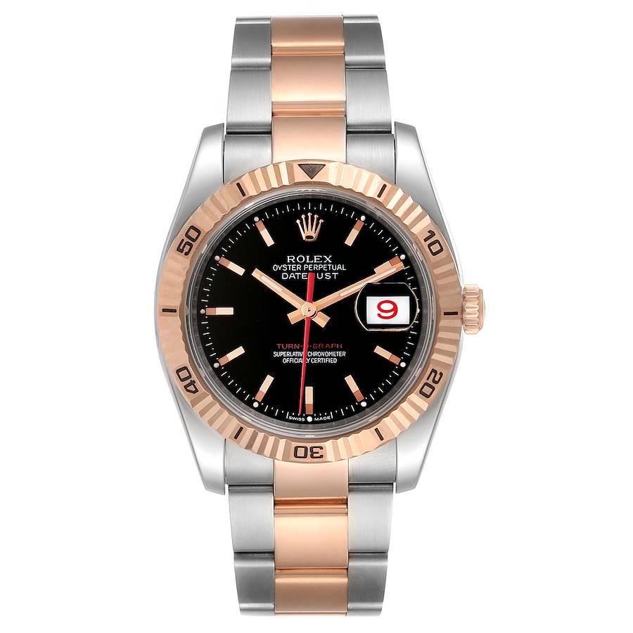 Rolex Turnograph Datejust Steel Rose Gold Mens Watch 116261. Officially certified chronometer self-winding movement. Stainless steel case 36.0 mm in diameter. Rolex logo on a crown. 18k rose gold fluted bidirectional rotating turnograph bezel.