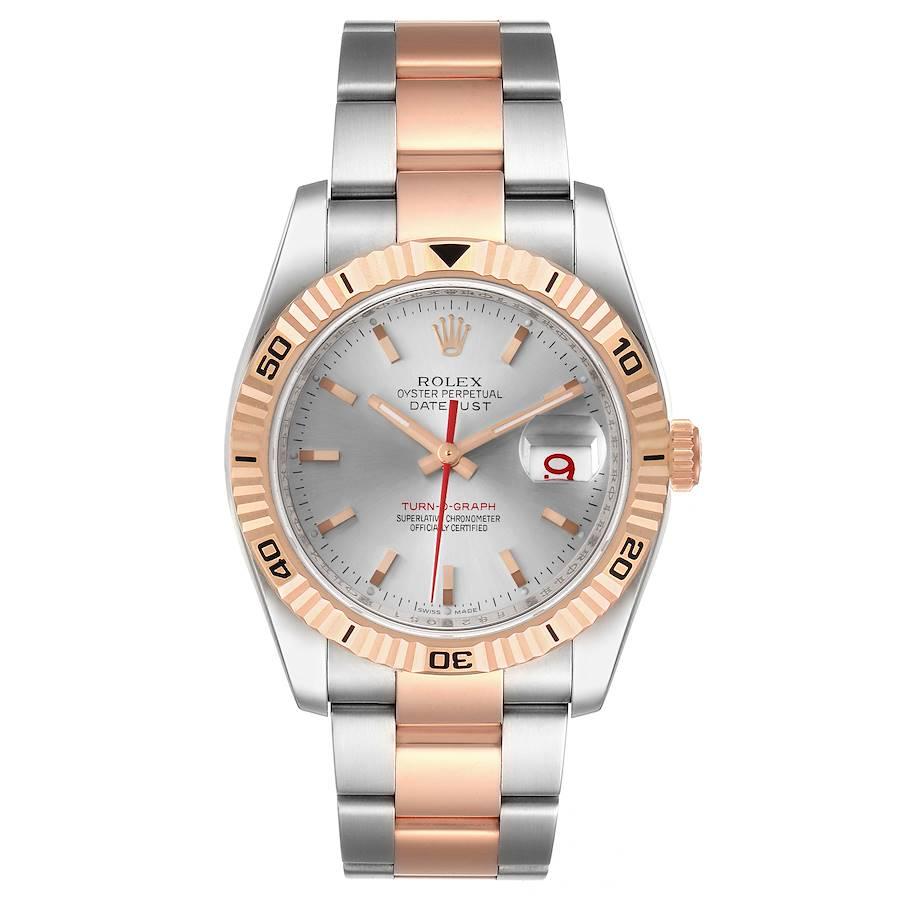 Rolex Turnograph Datejust Steel Rose Gold Silver Dial Mens Watch 116261. Officially certified chronometer self-winding movement with quickset date function. Stainless steel case 36 mm in diameter. Rolex logo on a crown. 18k rose gold fluted