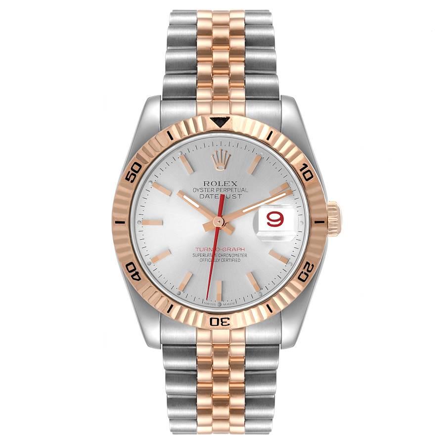 Rolex Turnograph Datejust Steel Rose Gold Silver Dial Mens Watch 116261. Officially certified chronometer self-winding movement with quickset date function. Stainless steel case 36 mm in diameter. Rolex logo on the crown. 18K rose gold fluted