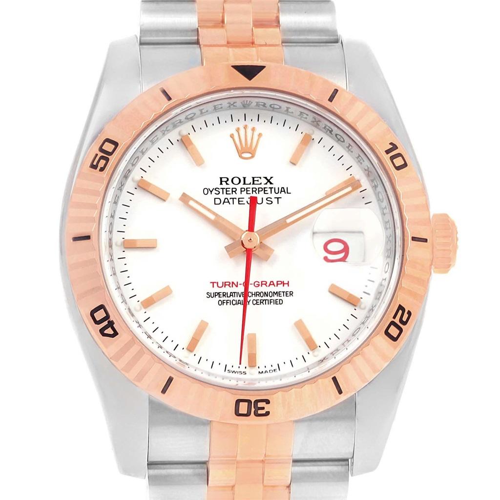 Rolex Turnograph Datejust Steel Rose Gold Watch 116261 Box Papers. Officially certified chronometer self-winding movement with quickset date function. Stainless steel case 36.0 mm in diameter. Rolex logo on a crown. 18k rose gold fluted