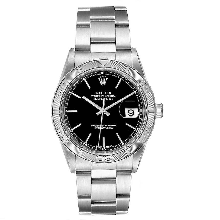 Rolex Turnograph Datejust Steel White Gold Black Dial Mens Watch 16264. Officially certified chronometer self-winding movement. Stainless steel case 36.0 mm in diameter. Rolex logo on a crown. 18k white gold bidirectional rotating turnograph bezel.