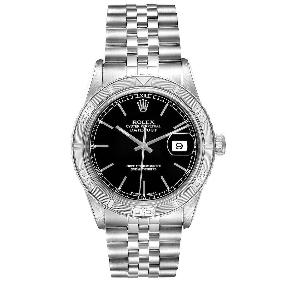 Rolex Turnograph Datejust Steel White Gold Black Dial Watch 16264. Officially certified chronometer self-winding movement. Stainless steel case 36.0 mm in diameter. Rolex logo on a crown. 18k white gold bidirectional rotating turnograph bezel.