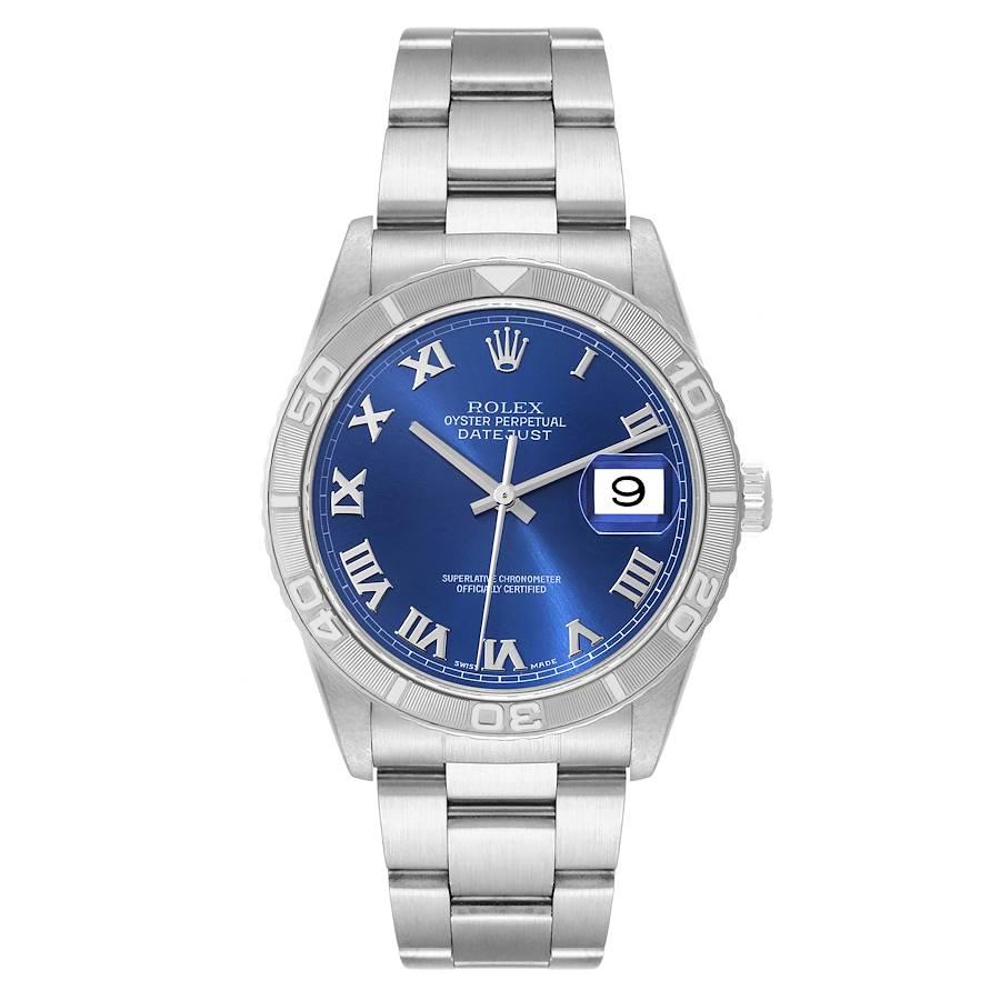 Rolex Turnograph Datejust Stahl Weißgold blaues Zifferblatt Uhr 16264 Box Papiere. Offiziell zertifiziertes Chronometerwerk mit automatischem Aufzug und Datumsschnellverstellung. Gehäuse aus Edelstahl mit einem Durchmesser von 36,0 mm. Rolex Logo