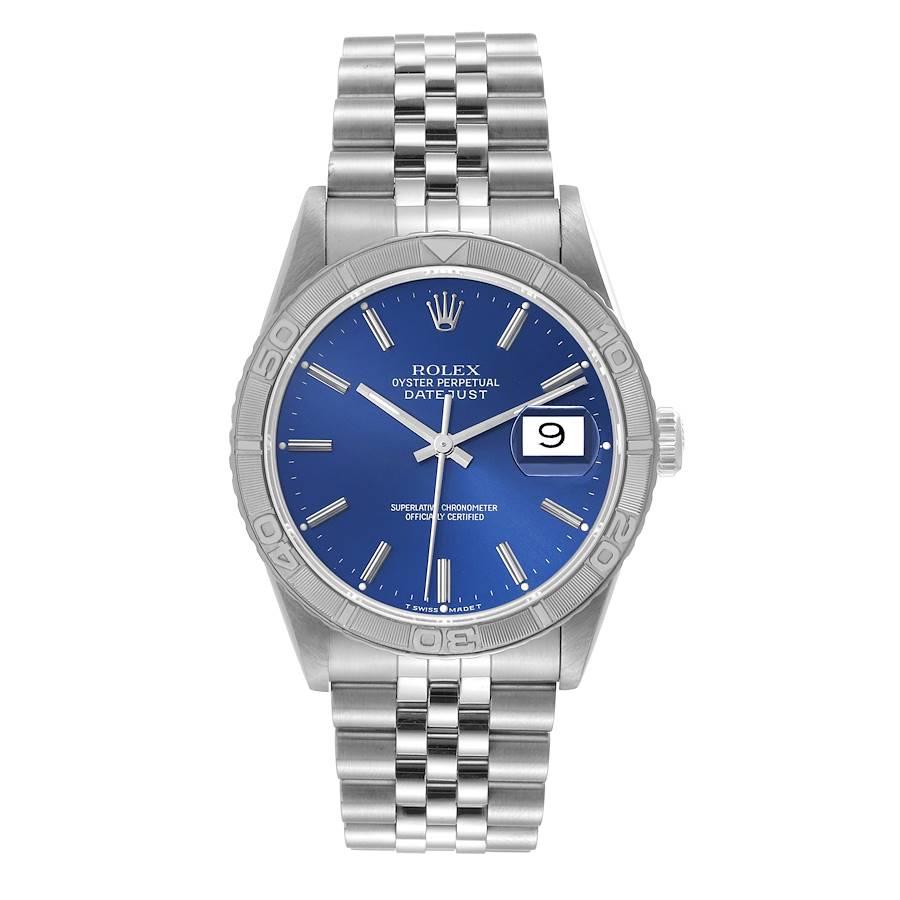 Rolex Turnograph Datejust Stahl Weiß Gold Blau Zifferblatt Uhr 16264. Offiziell zertifiziertes Chronometerwerk mit automatischem Aufzug. Gehäuse aus Edelstahl mit einem Durchmesser von 36.0 mm. Rolex Logo auf einer Krone. Drehbare Lünette aus 18
