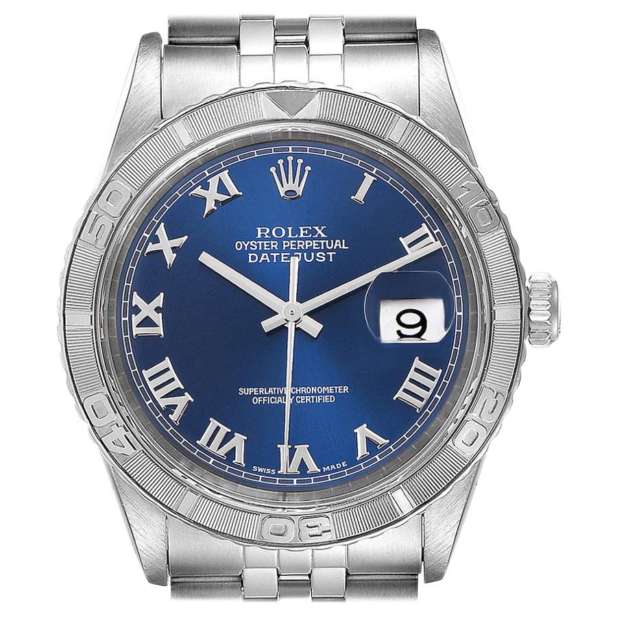 Rolex Turnograph Datejust Steel White Gold Blue Roman Dial Watch 16264 Box Paper For Sale
