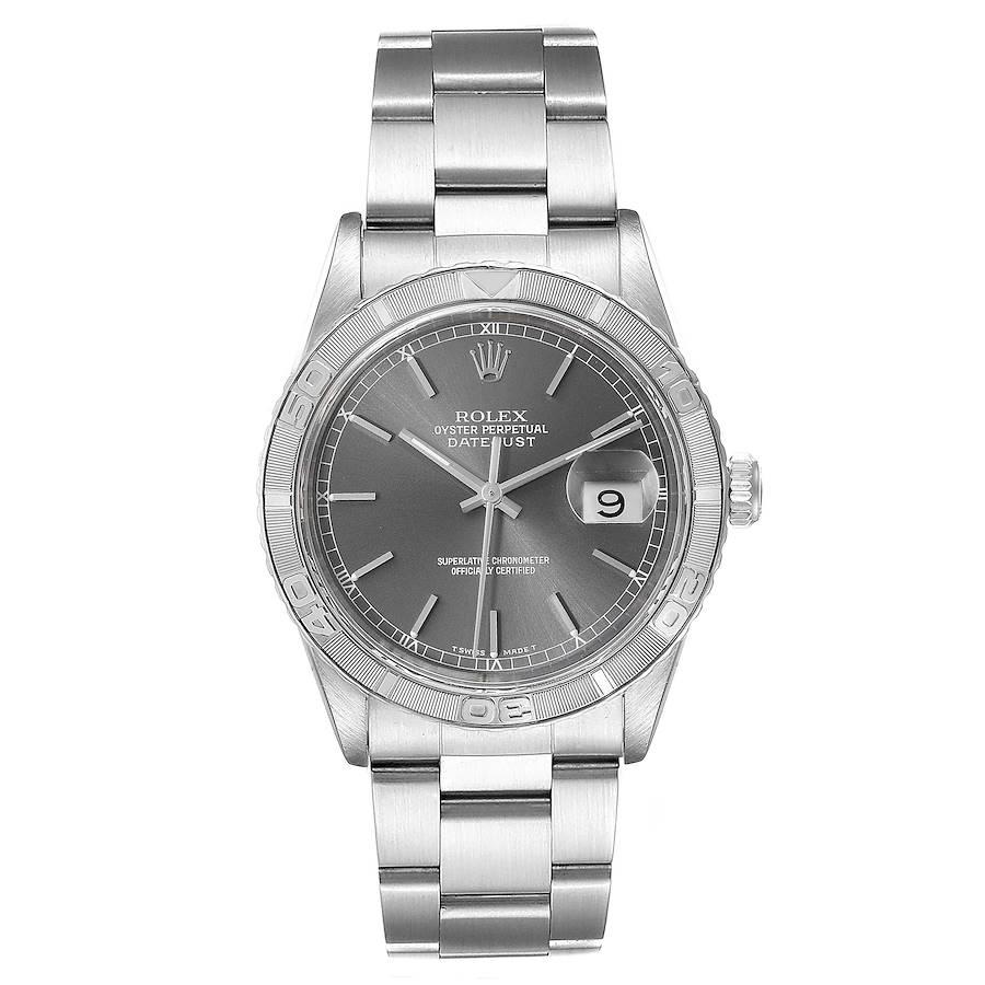 Rolex Turnograph Datejust Steel White Gold Grey Dial Mens Watch 16264. Officially certified chronometer self-winding movement with quickset date function. Stainless steel case 36.0 mm in diameter. Rolex logo on a crown. 18k white gold bidirectional