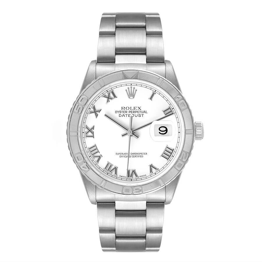 Rolex Turnograph Datejust Stahl Weißgold römisches Zifferblatt Herrenuhr 16264. Offiziell zertifiziertes Chronometerwerk mit automatischem Aufzug. Gehäuse aus Edelstahl mit einem Durchmesser von 36,0 mm. Rolex-Logo auf einer Krone. bidirektional