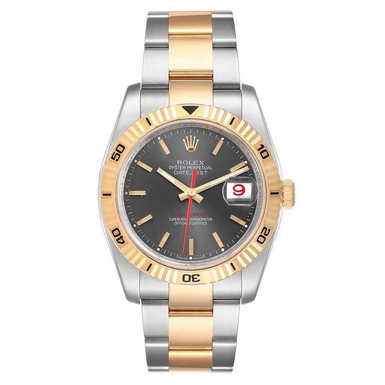 Rolex Turnograph Datejust Steel Yellow Gold Gray Dial Mens Watch 116263. Officially certified chronometer self-winding movement with quickset date function. Stainless steel and 18K yellow gold case 36.0 mm in diameter. Rolex logo on a crown. 18k
