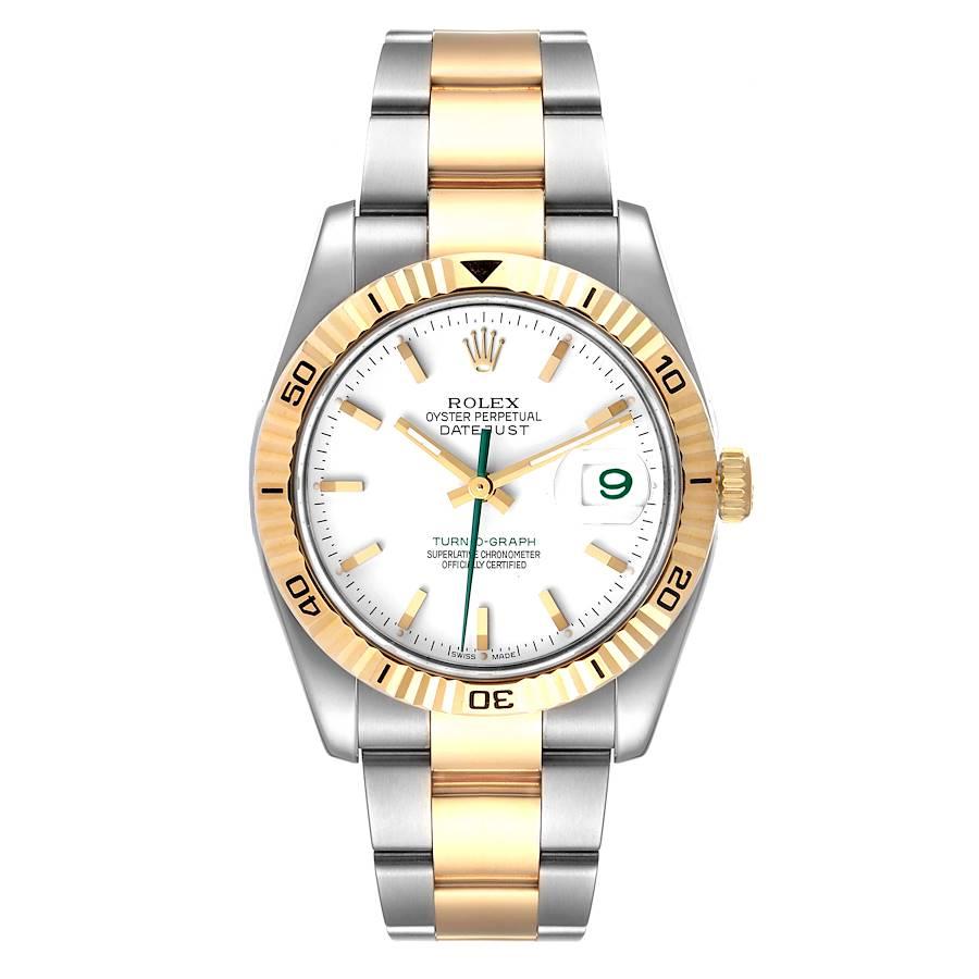 Rolex Turnograph Datejust Steel Yellow Gold Japan LE Watch 116263 Box Card. Officially certified chronometer self-winding movement with quickset date function. Stainless steel and 18K yellow gold case 36.0 mm in diameter. Rolex logo on a crown. 18k