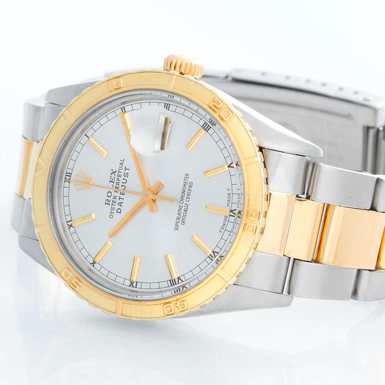 Rolex Turnograph Men's 2-Tone Watch 16253 - Automatic winding, Quickset, acrylic crystal. Stainless steel case with 18k yellow gold bezel. Silver dial with raised gold markers. Stainless steel and 18k yellow gold Oyster bracelet. Pre-owned with