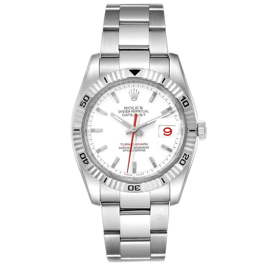 Rolex Turnograph Steel White Gold Bezel Mens Watch 116264 Box. Officially certified chronometer self-winding movement with quickset date function. Stainless steel round case 36 mm in diameter. Rolex logo on a crown. 18k white gold fluted