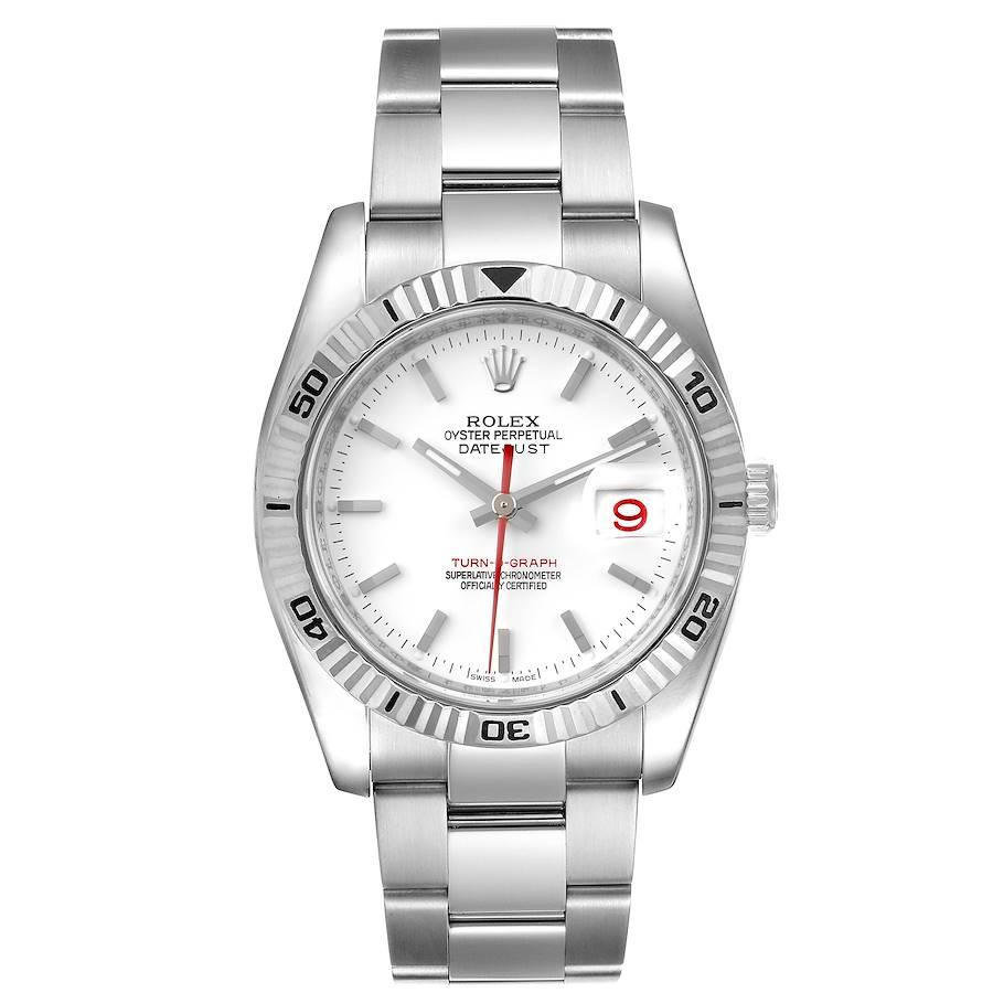 Rolex Turnograph Steel White Gold Bezel Mens Watch 116264 Box. Officially certified chronometer self-winding movement with quickset date function. Stainless steel round case 36 mm in diameter. Rolex logo on a crown. 18k white gold fluted