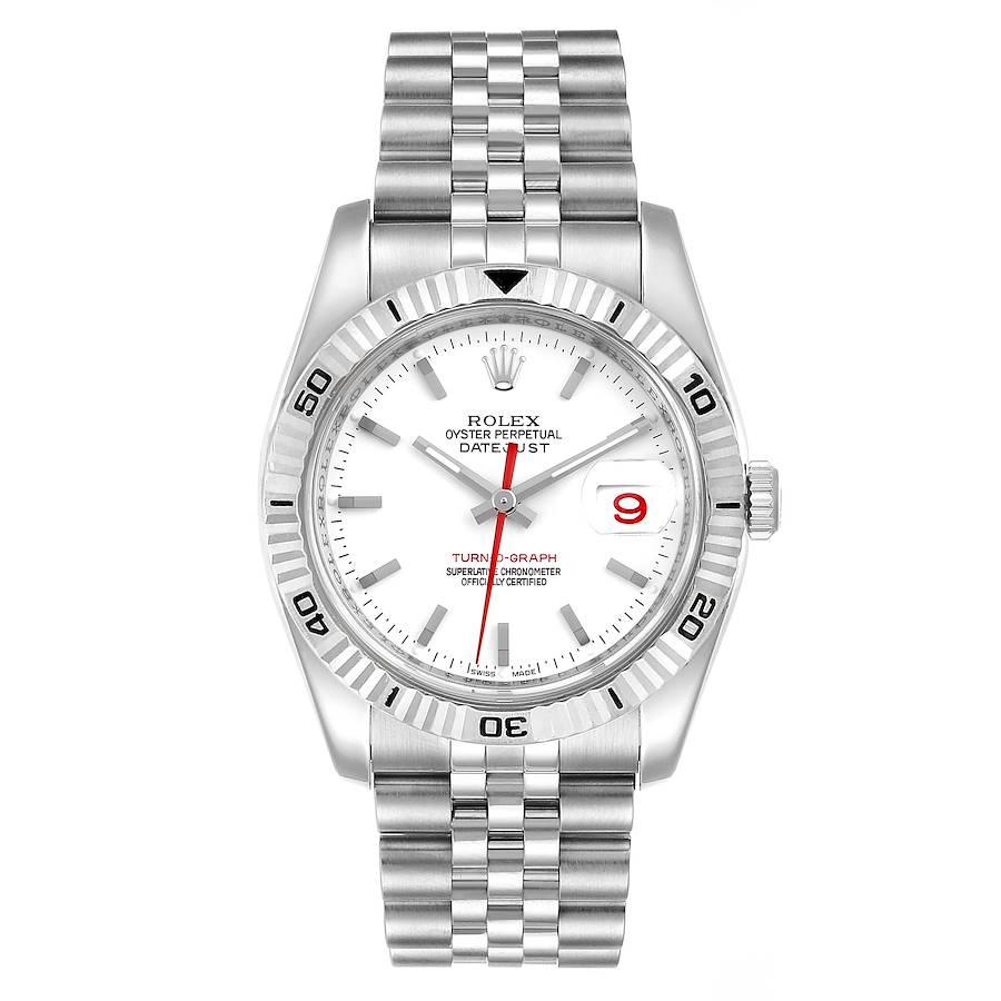 Rolex Turnograph Steel White Gold Bezel Mens Watch 116264 Box Papers. Officially certified chronometer self-winding movement with quickset date function. Stainless steel round case 36 mm in diameter. Rolex logo on a crown. 18k white gold fluted