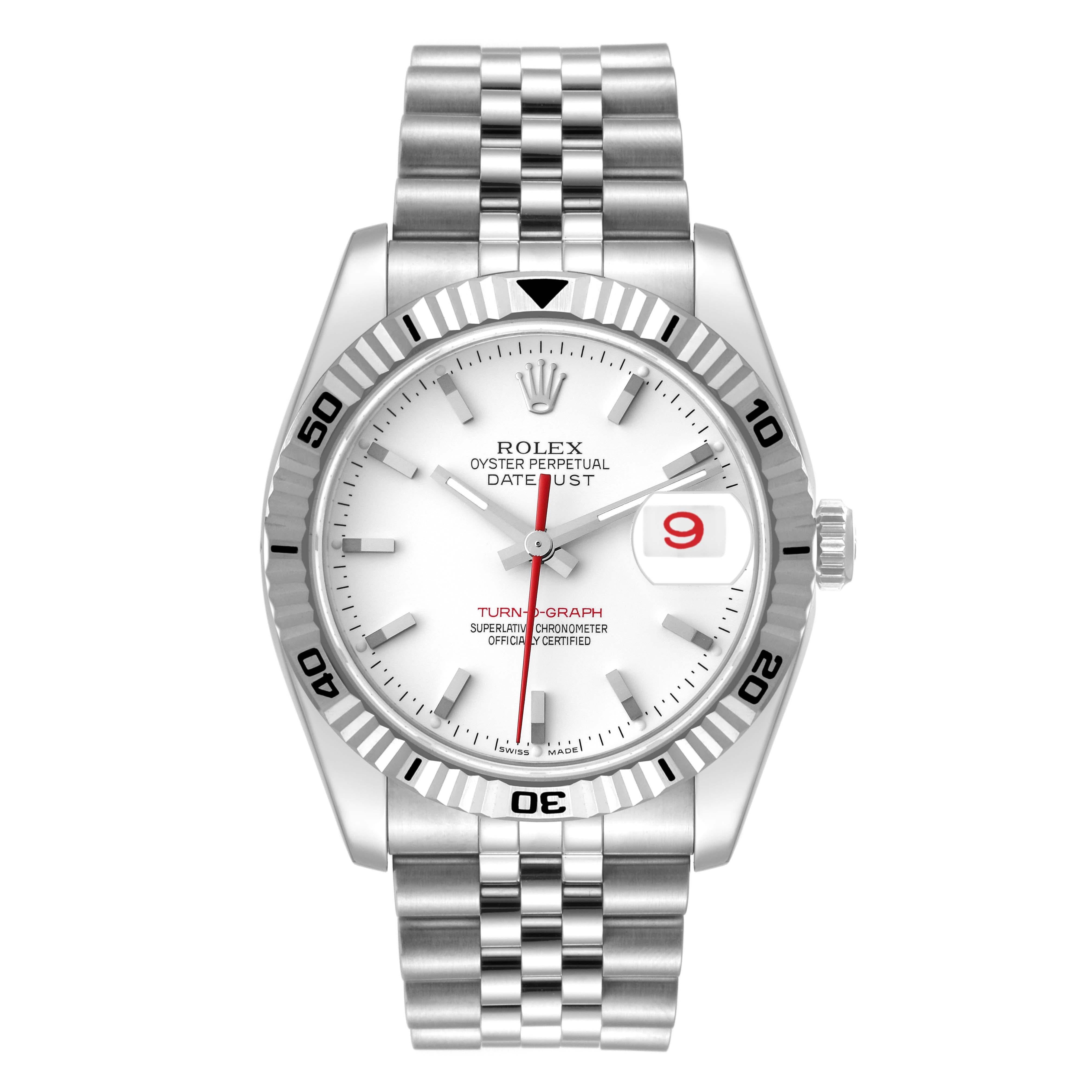 Rolex Turnograph Steel White Gold Bezel Mens Watch 116264. Officially certified chronometer self-winding movement with quickset date function. Stainless steel round case 36 mm in diameter. Rolex logo on a crown. 18k white gold fluted bidirectional