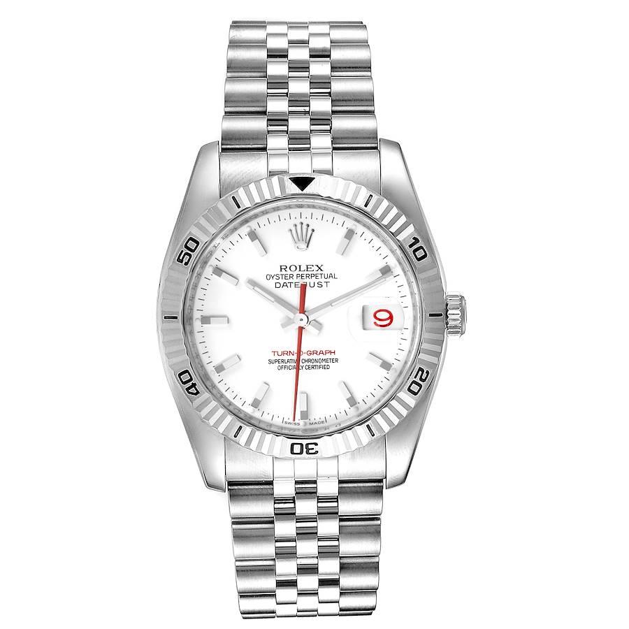 Rolex Turnograph Steel White Gold Bezel White Dial Mens Watch 116264. Officially certified chronometer self-winding movement with quickset date function. Stainless steel round case 36 mm in diameter. Rolex logo on a crown. 18k white gold fluted