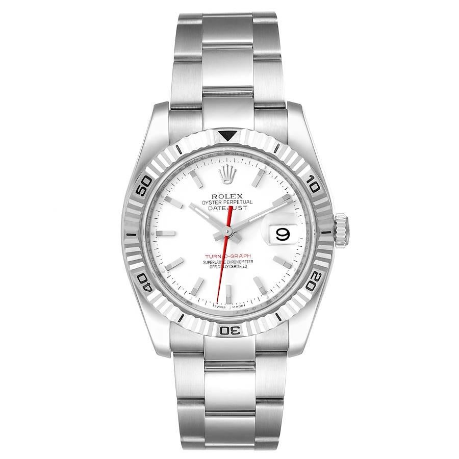 Rolex Turnograph Steel White Gold Bezel White Dial Mens Watch 116264. Officially certified chronometer self-winding movement with quickset date function. Stainless steel round case 36 mm in diameter. Rolex logo on a crown. 18k white gold fluted