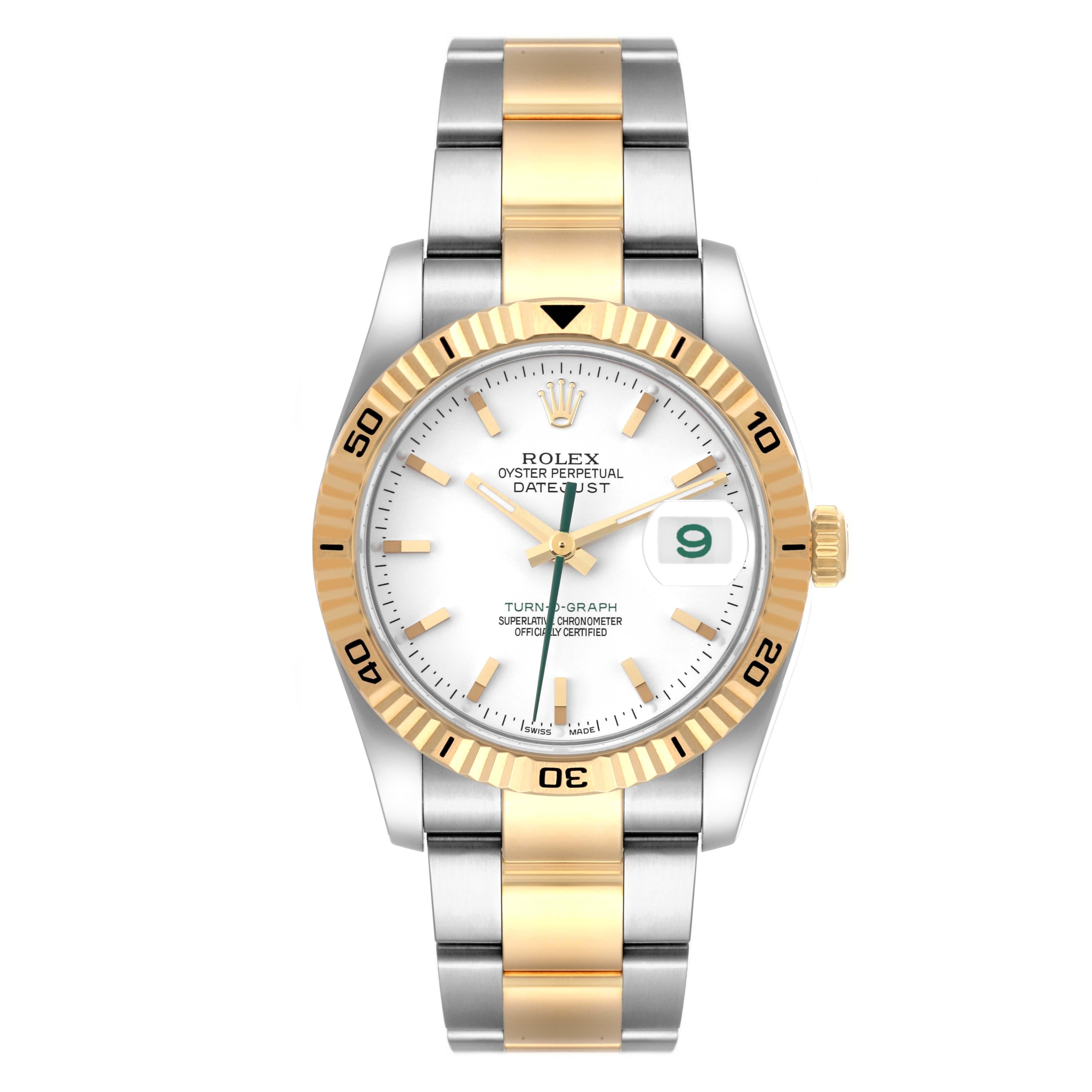 Rolex Turnograph Steel Yellow Gold Japan LE Mens Watch 116263 Box Card. Officially certified chronometer self-winding movement with quickset date function. Stainless steel and 18K yellow gold case 36.0 mm in diameter. Rolex logo on a crown. 18k