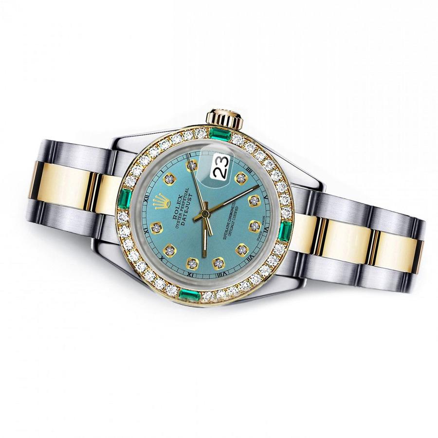 Rolex Turquoise 31mm Datejust 2Tone Diamond + Emerald Bezel Watch 68273