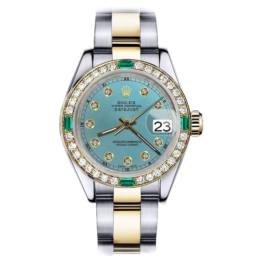 Rolex Turquoise Datejust Two Tone Diamond + Emerald Bezel Watch 68273