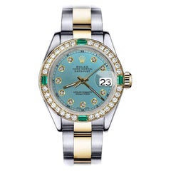 Vintage Rolex Turquoise Datejust Two Tone Diamond + Emerald Bezel Watch 68273