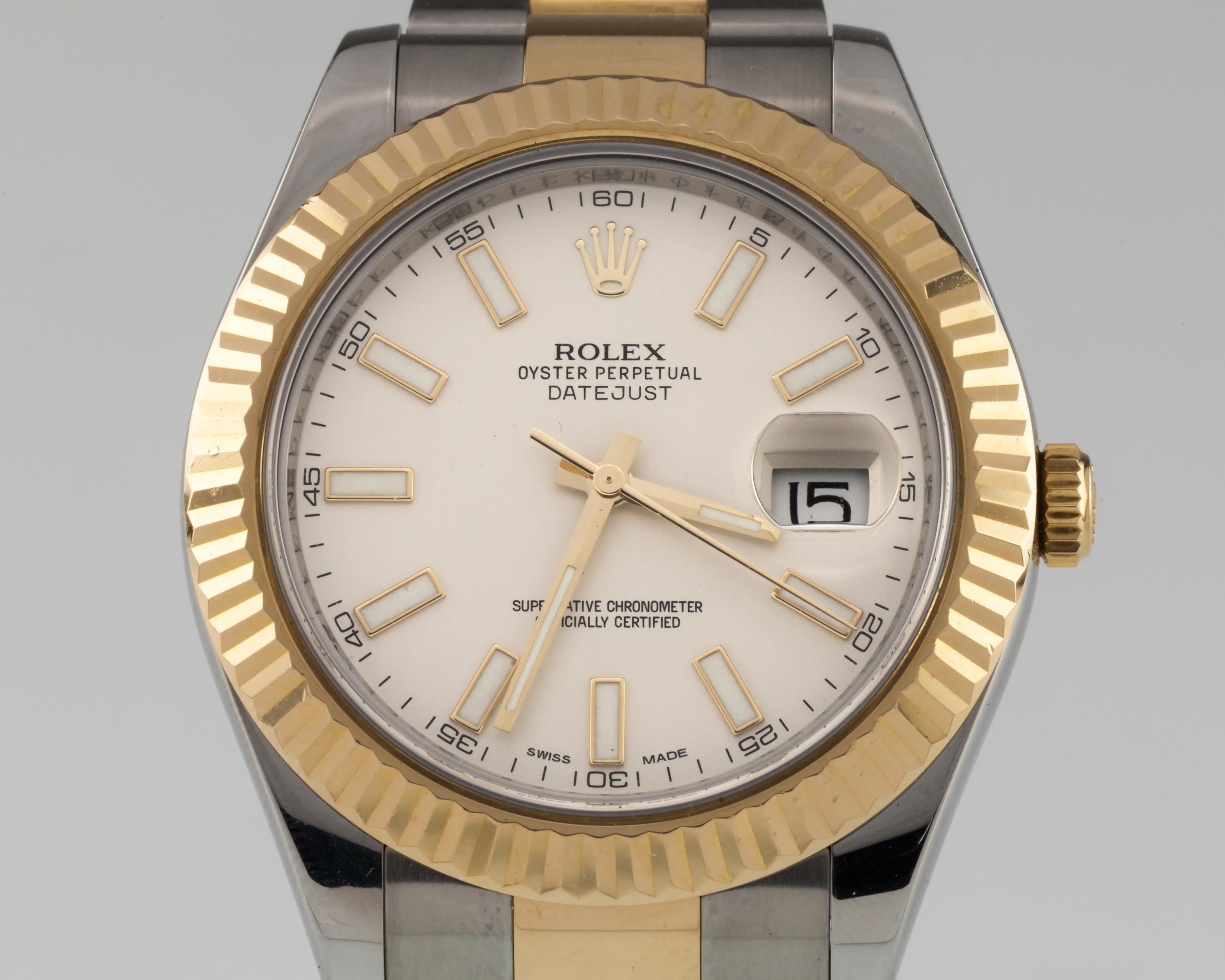 Model #116333
Serial #G7234XX
Movement #3136
Year: 2010
Stainless Steel Case w/ 18k Gold Crown and Fluted Bezel

41 mm in Diameter (43 mm w/ Crown)
Lug-to-Lug Distance = 50 mm
Lug-to-Lug Width = 21 mm
Thickness = 12 mm
Off-White Dial with