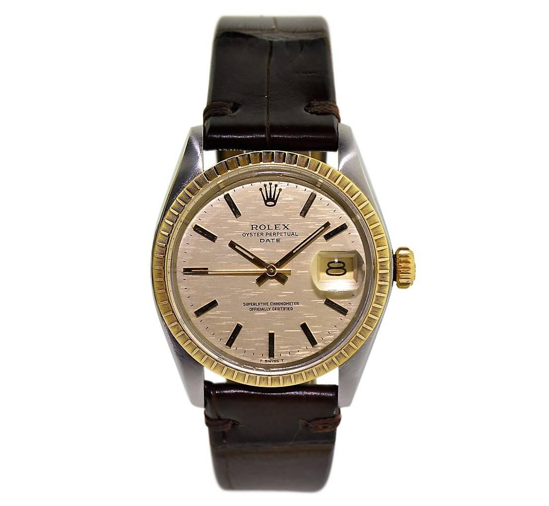 FACTORY / HOUSE: Rolex Watch Company
STYLE / REFERENCE: Oyster Perpetual Date / Ref. 1505
METAL / MATERIAL: Stainless Steel and 14Kt. Yellow Gold
CIRCA: 1971 / 1972
DIMENSIONS: 41mm X 35mm
MOVEMENT / CALIBER: Perpetual Winding / 26 Jewels / Cal.