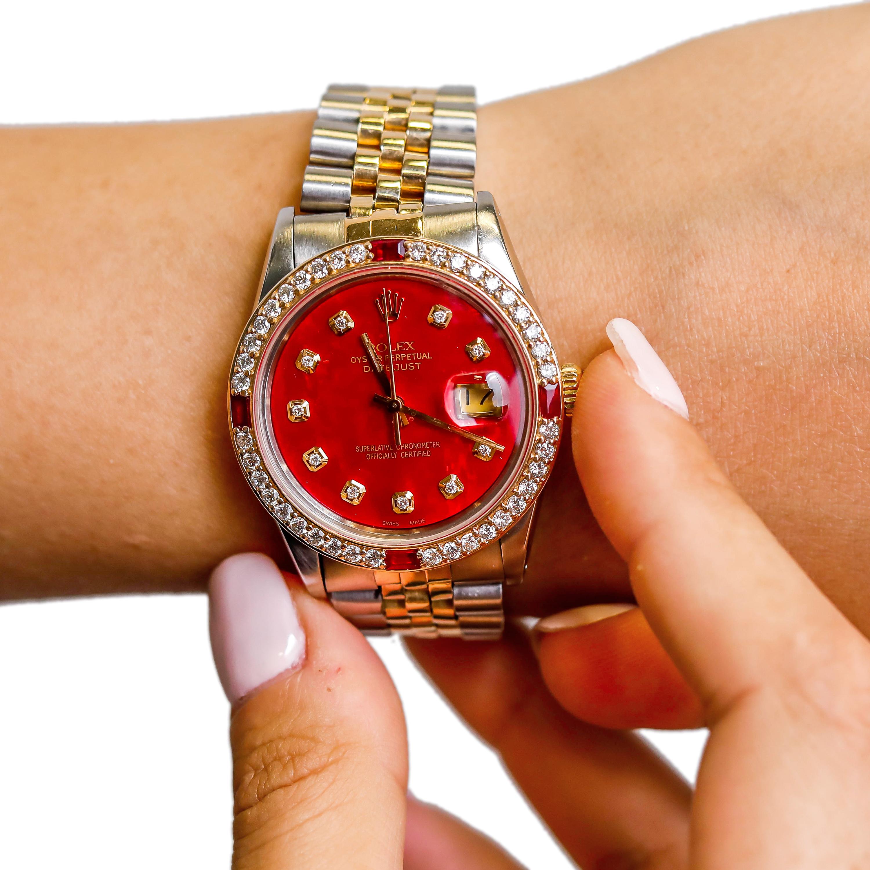 Baguette Cut Rolex Two-Tone Datejust Men's 1978, Automatic Diamond Ruby Dial 18 Karat Gold
