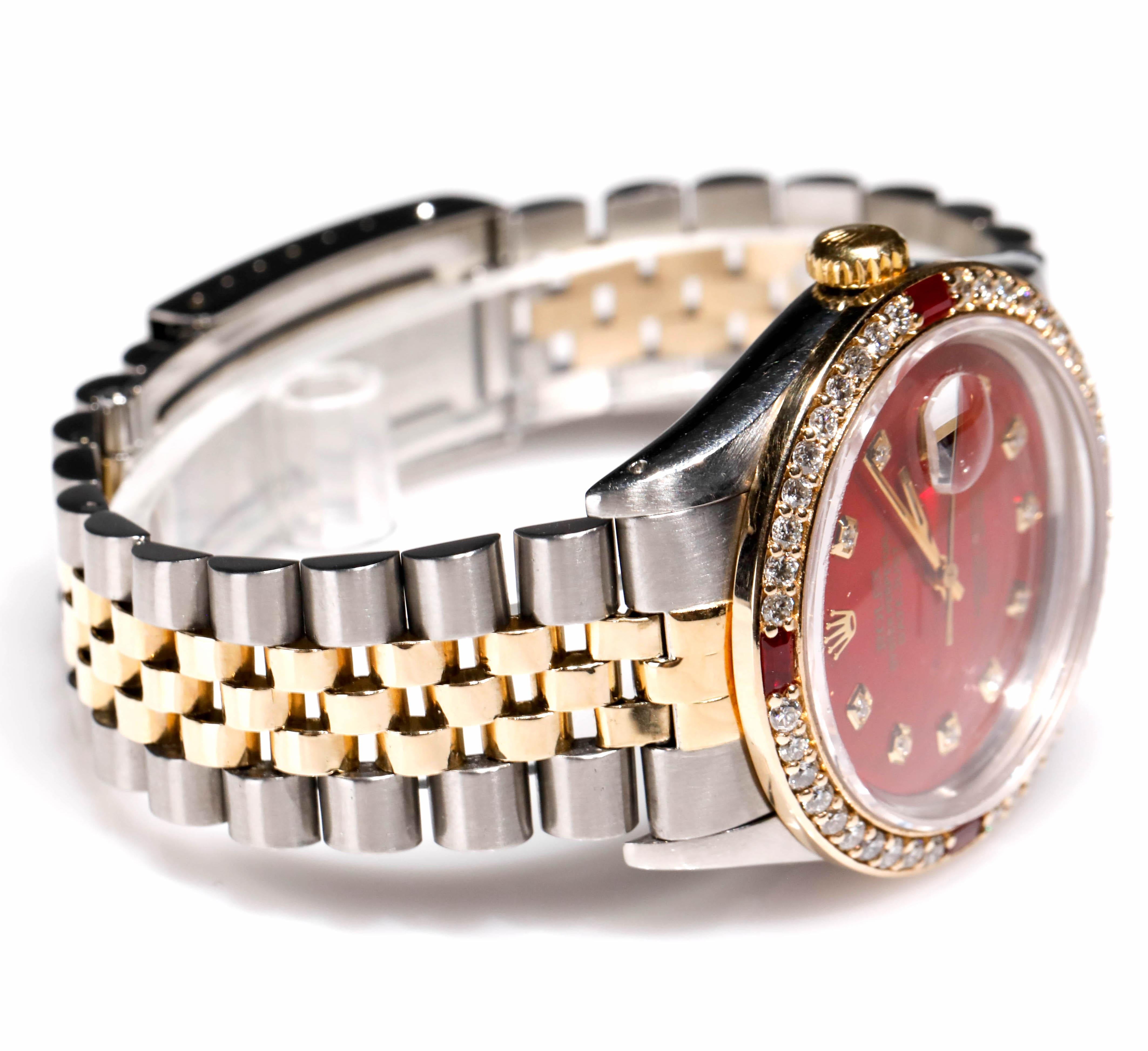 Rolex Datejust Men's Watch Custom Diamond Ruby Bezel Dial 18k Gold, Dated 1978
Rolex Two Tone Datejust Men's 1978, Automatic Diamond Ruby Dial 18 karat Gold

SKU: WA00014

PRIMARY DETAILS
Brand:  Rolex
Model: OYSTER PREPETUAL DATEJUST OFFICIALLY