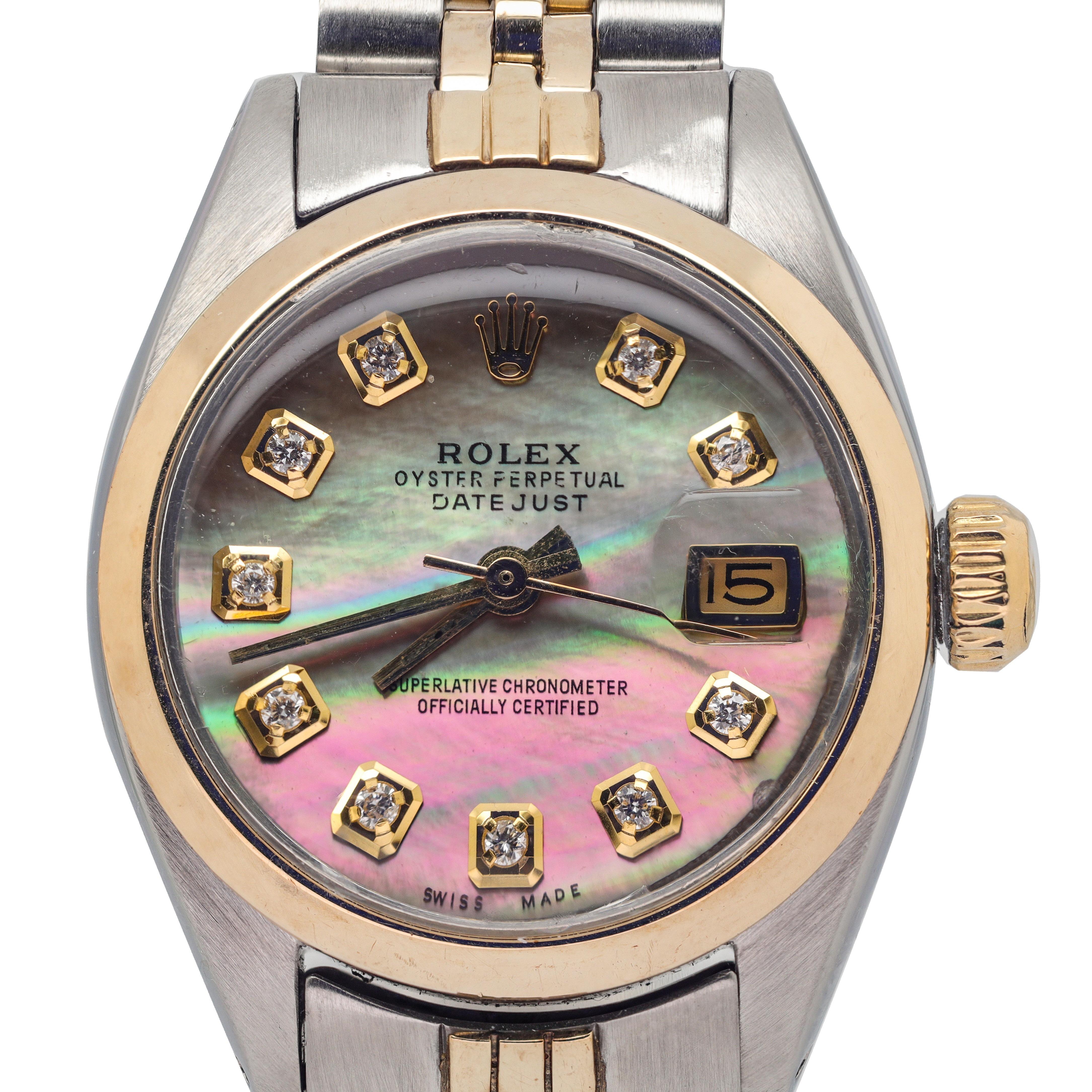 Rolex Two Tone Datejust Mother Of Pearl with Diamonds Womens Watch In Excellent Condition For Sale In New York, NY
