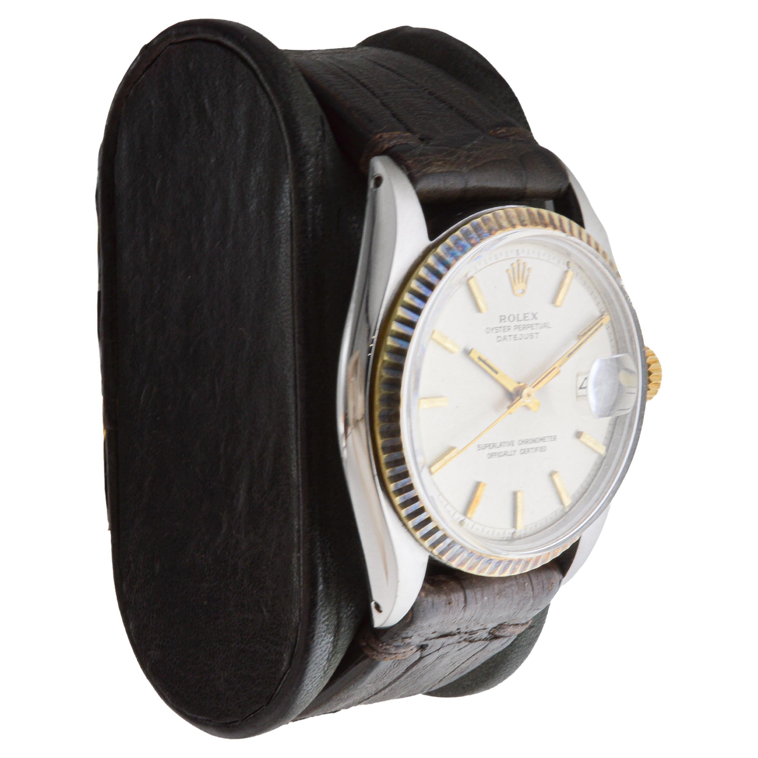FACTORY / HOUSE: Rolex Watch Company
STYLE / REFERENCE: Oyster Perpetual / Reference 1601
METAL / MATERIAL: Two Tone Steel and 14Kt. Gold
CIRCA / YEAR: 1968
DIMENSIONS / SIZE: Length 44mm X Diameter 36mm
MOVEMENT / CALIBER: Perpetual Winding / 26
