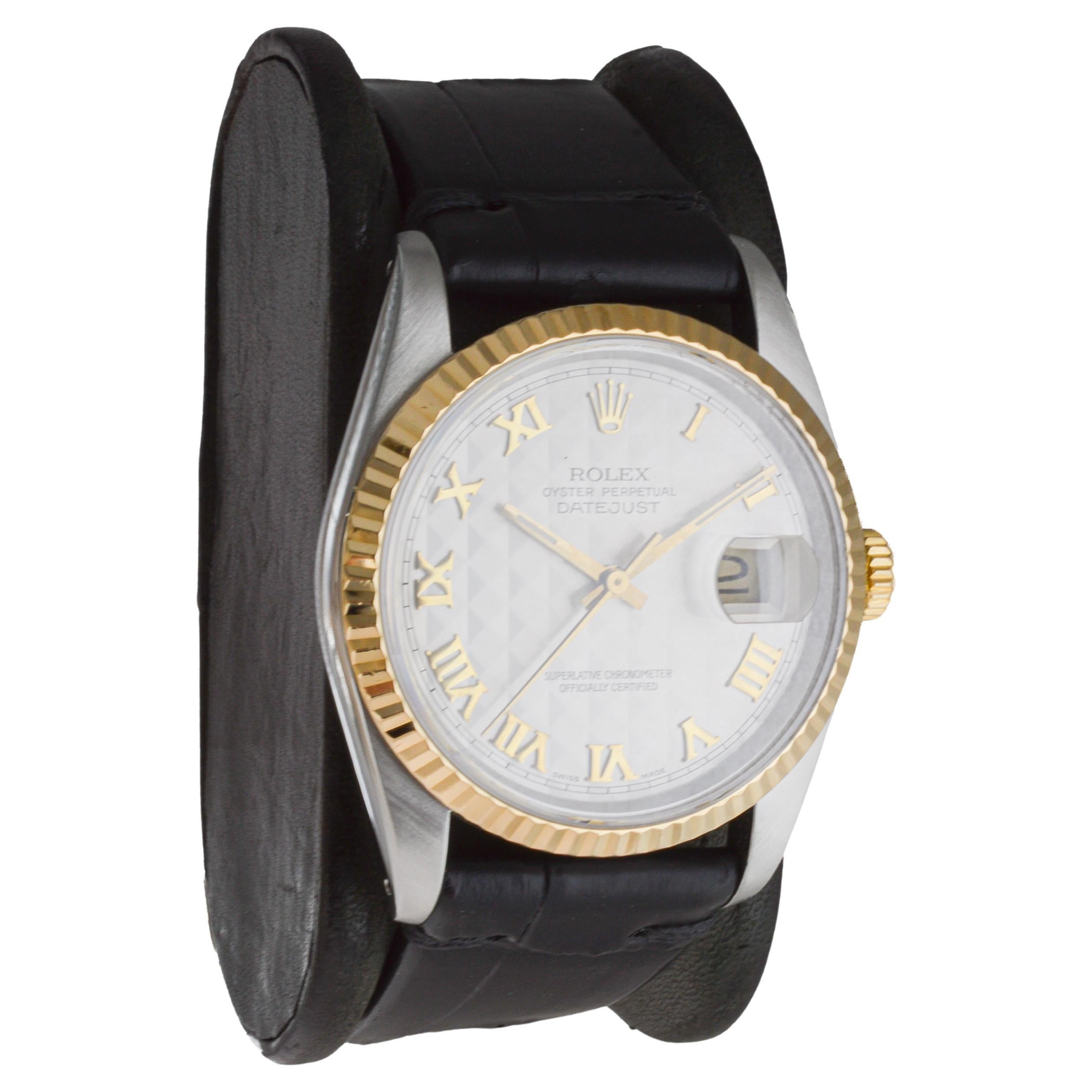 Modern Rolex Two Tone Datejust Never Polished with Rare Pyramid Roman Numeral Dial 1990