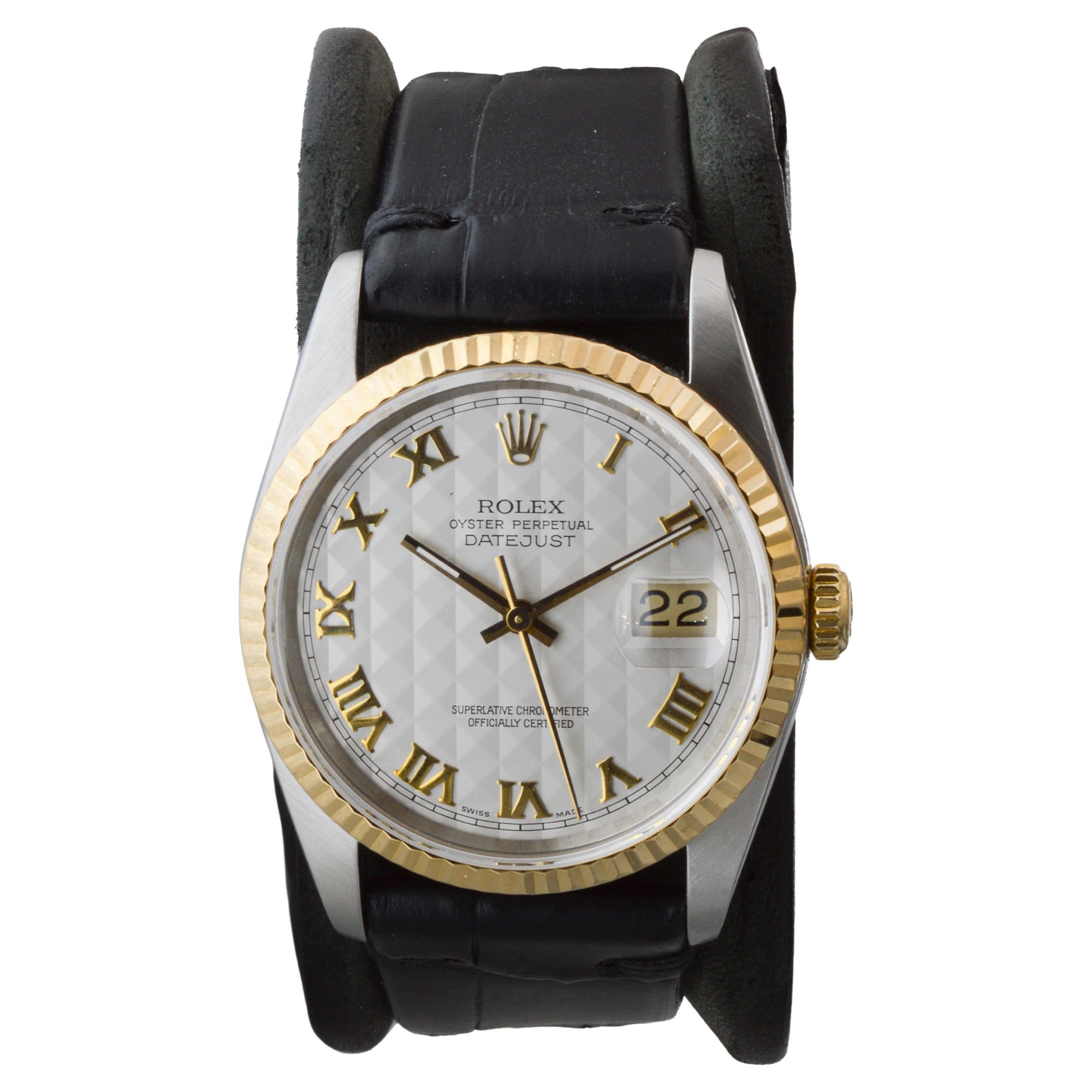 Rolex Two Tone Datejust Never Polished with Rare Pyramid Roman Numeral Dial 1990 In Excellent Condition In Long Beach, CA