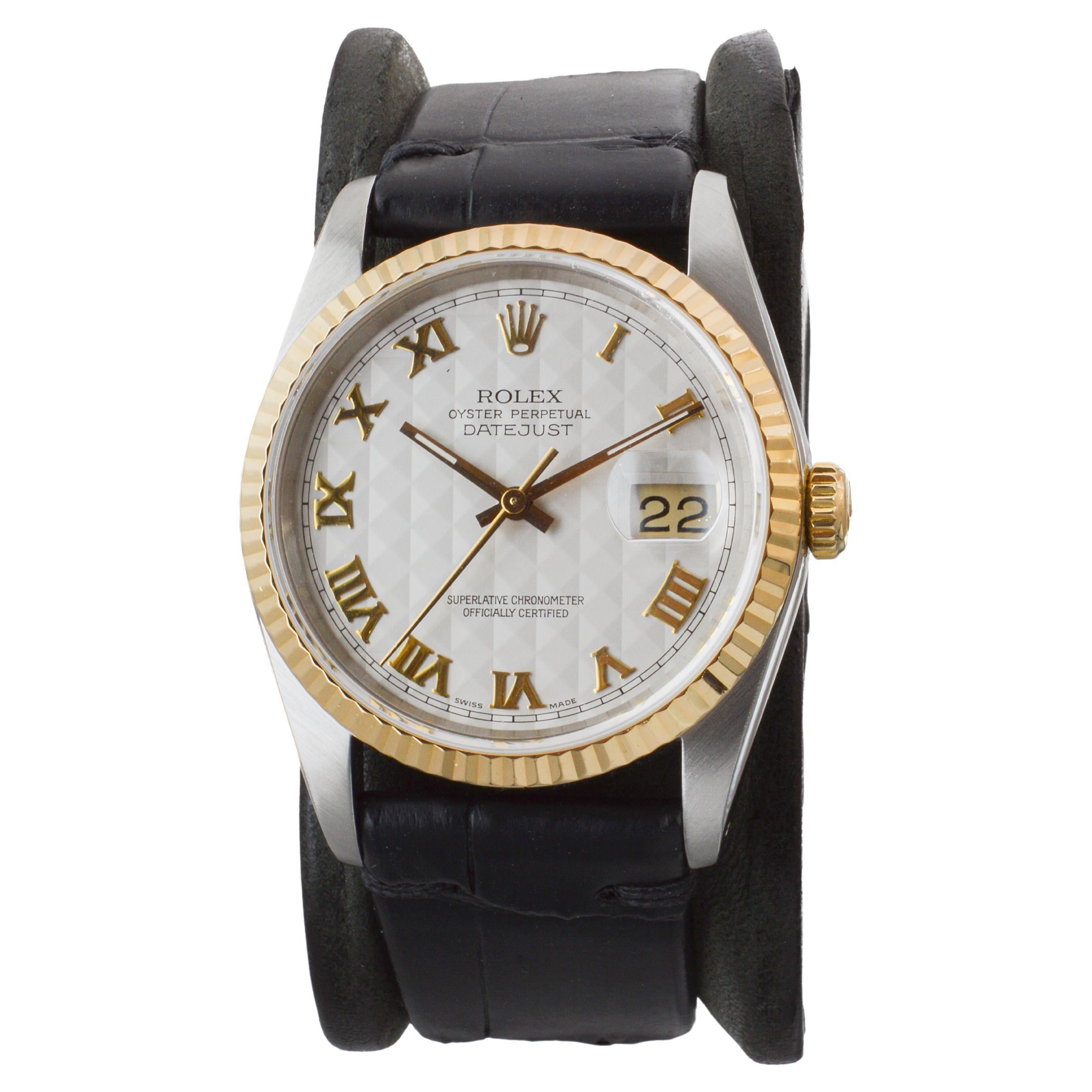 Women's or Men's Rolex Two Tone Datejust Never Polished with Rare Pyramid Roman Numeral Dial 1990