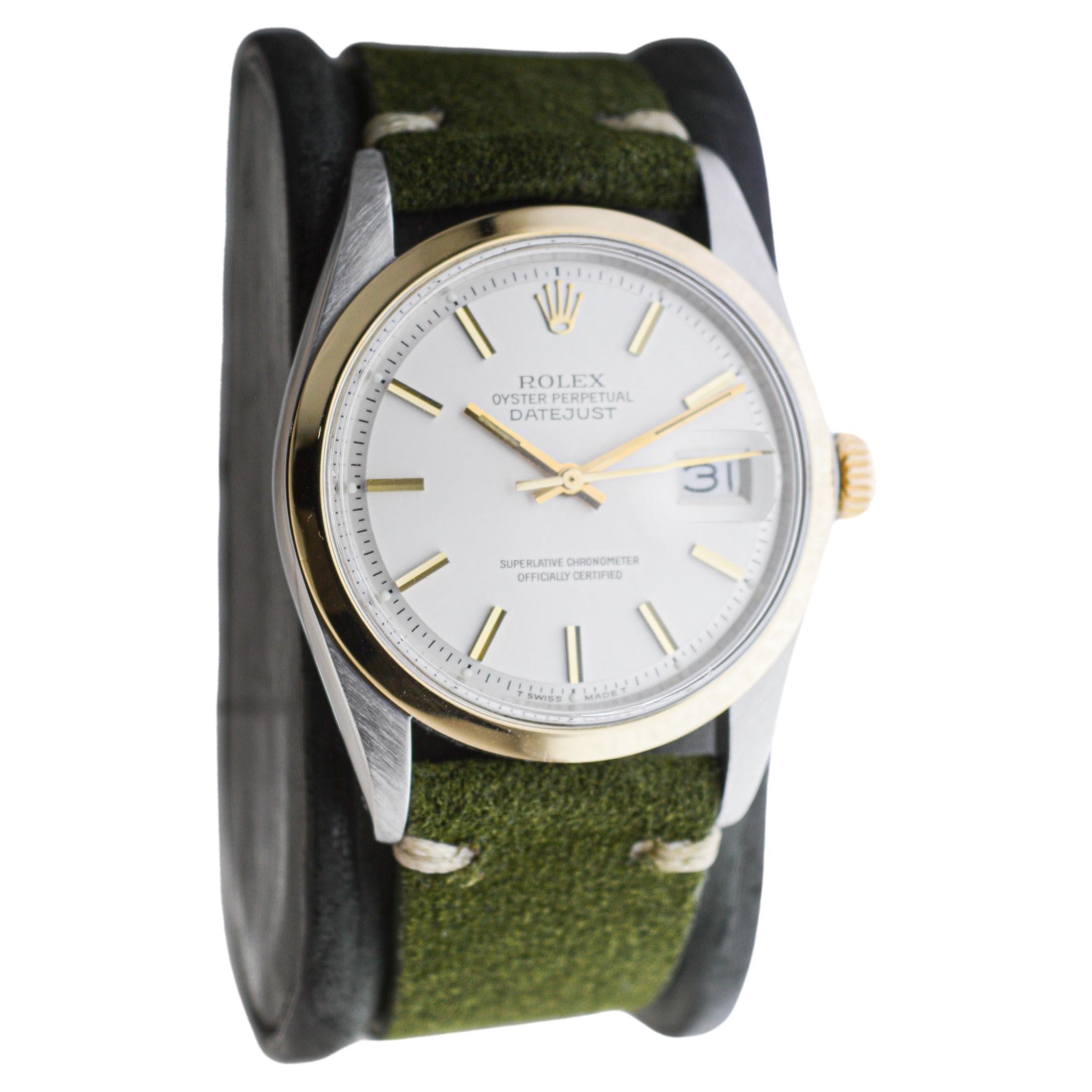 FACTORY / HOUSE: Rolex Watch Company
STYLE / REFERENCE: Oyster Perpetual Datejust / Reference 1600
METAL / MATERIAL: Stainless Steel and 14Kt. Solid Gold 
CIRCA / YEAR: 1971
DIMENSIONS / SIZE: Length 42mm X Diameter 36mm
MOVEMENT / CALIBER: