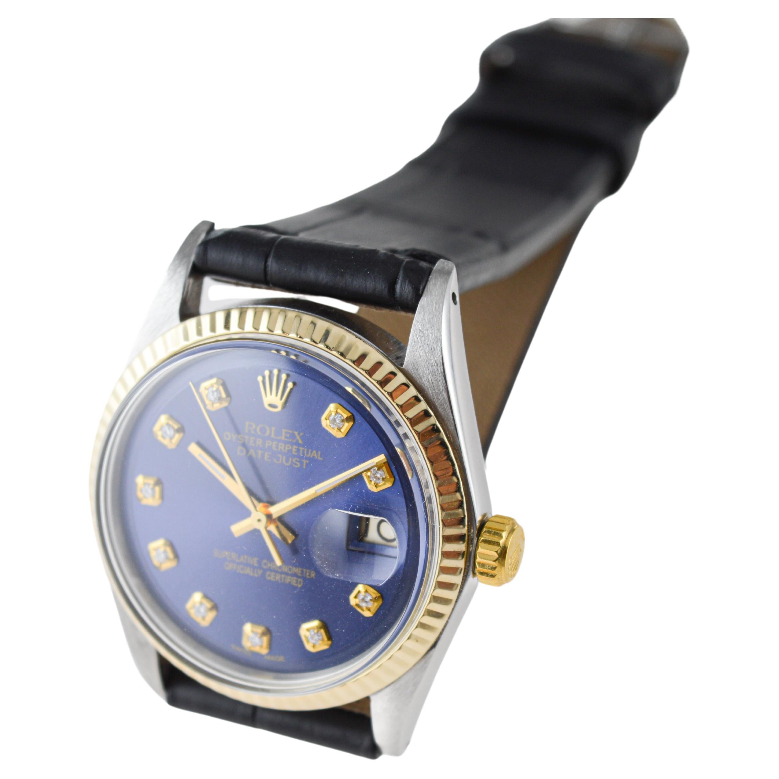 Rolex Montre Datejust avec cadran bleu et index en diamants faits sur mesure, années 1960 en vente 5